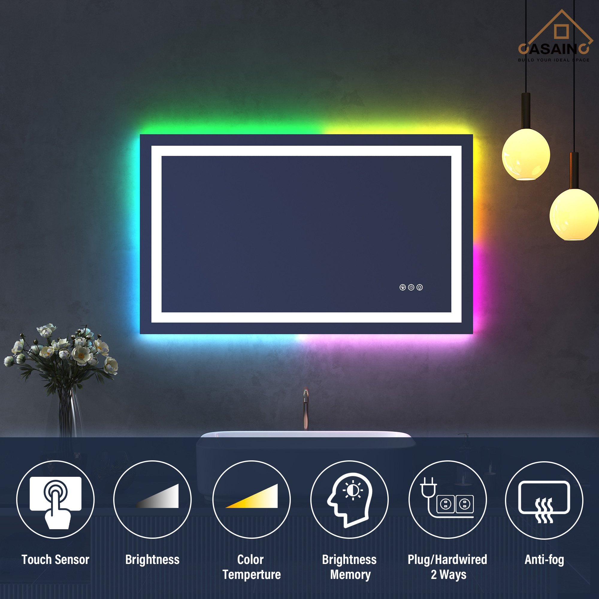 Tempered RGB LED Bathroom Mirror with Smart Controls & Anti-Fog