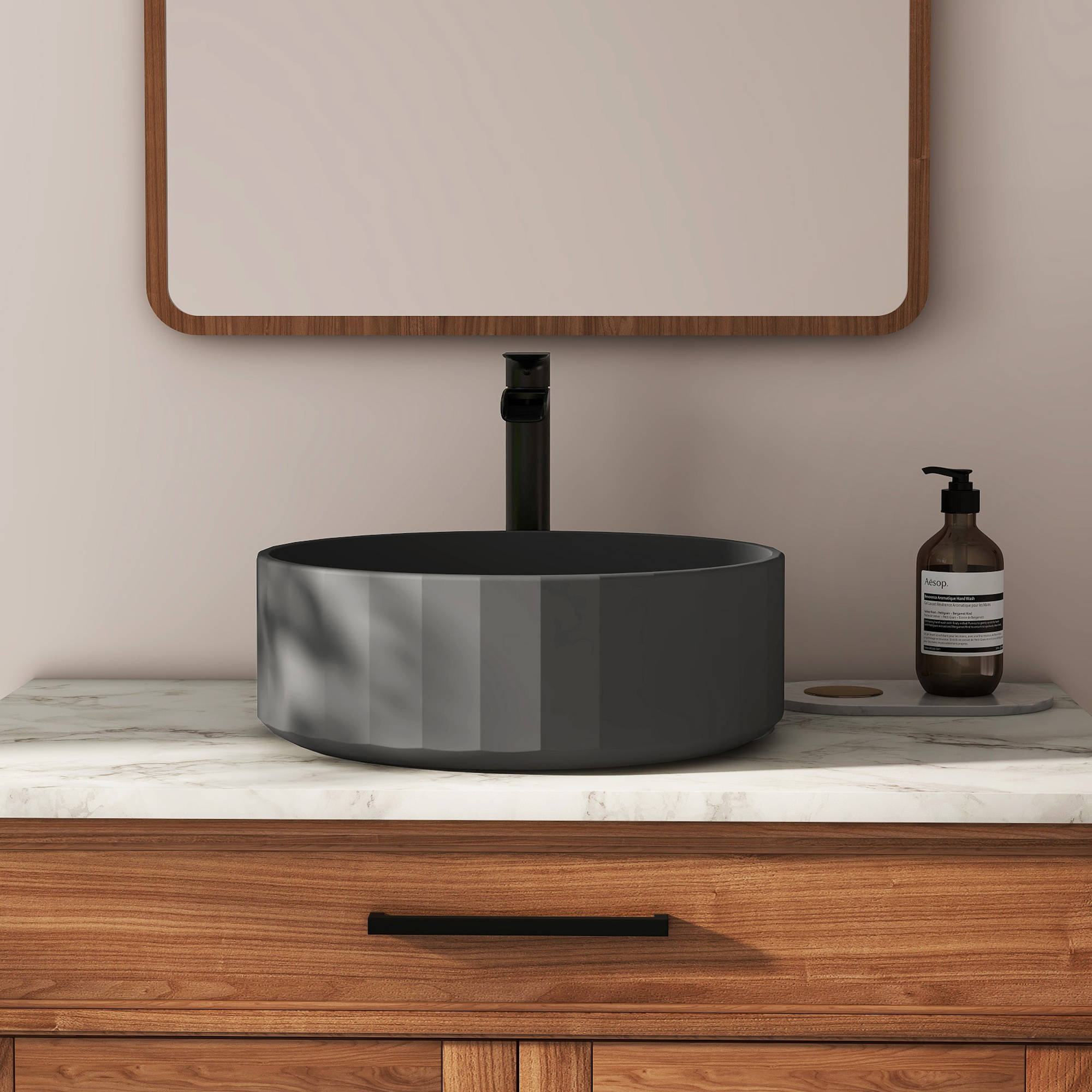 17in Bathroom Concrete Round Vessel Sink with Drainer in Black Earth / Mottled Bluish Grey / Taupe Clay