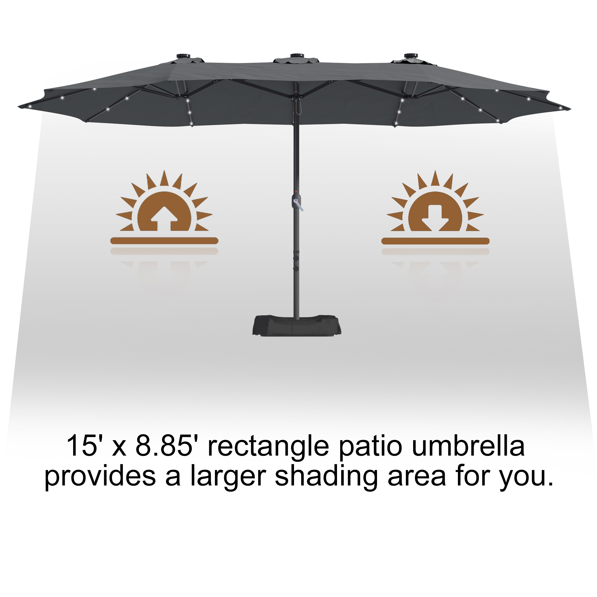 15ft Patio Steel Rectangular Double-Sided Market Umbrella With Base, Classic Design or Solar LED Lights Options,UV Sun Protection & Easy Crank for Deck Pool Patio.