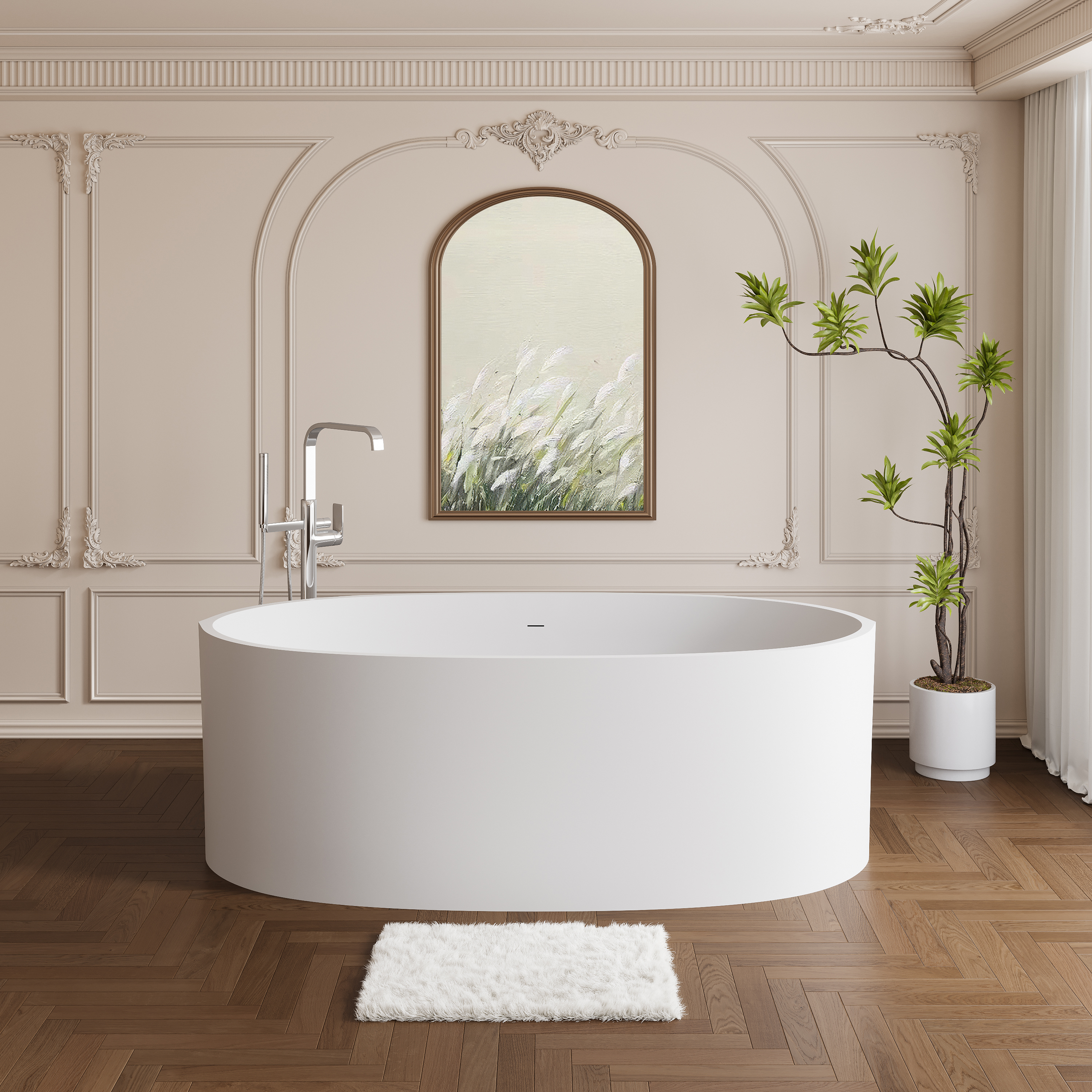 65" Modern Stone Resin Soaking Tub with Ergonomic Design & Copper Pop-Up Drain