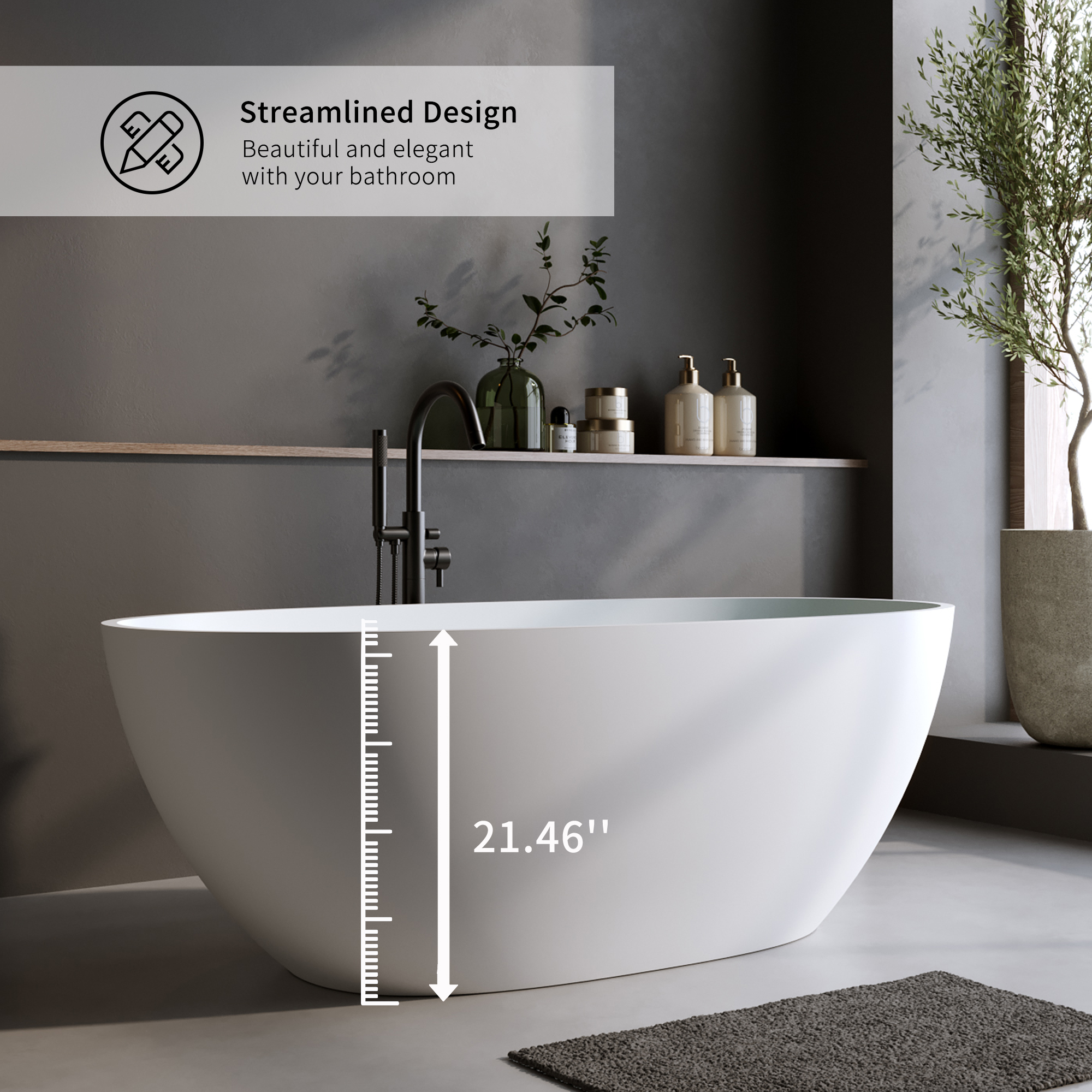 55"/59"/63"/67"/71" Freestanding Solid Surface Soaking Bathtub with Smooth Matte Finish