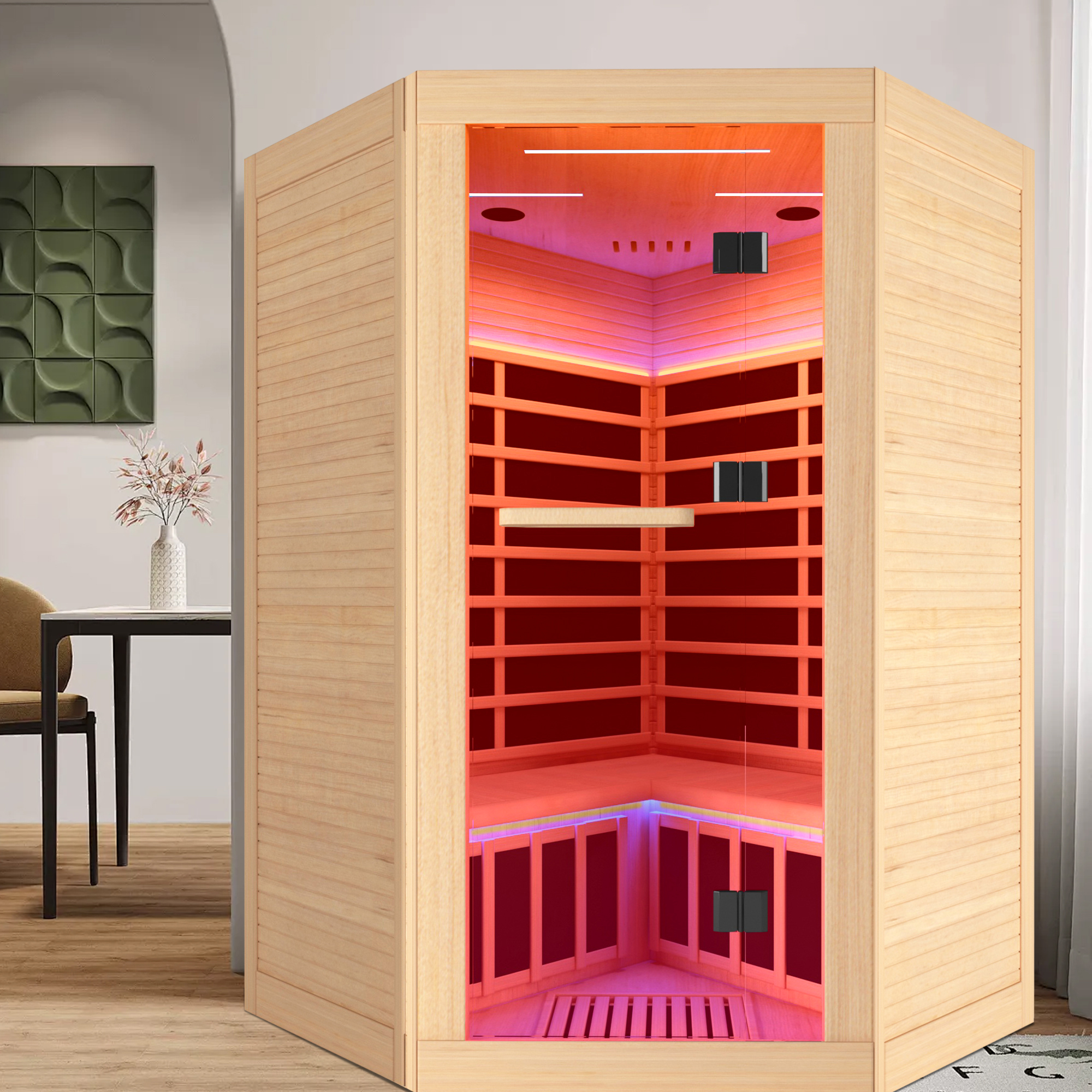 Canadian Hemlock 2-Person Infrared Corner Sauna with Chromotherapy & Bluetooth