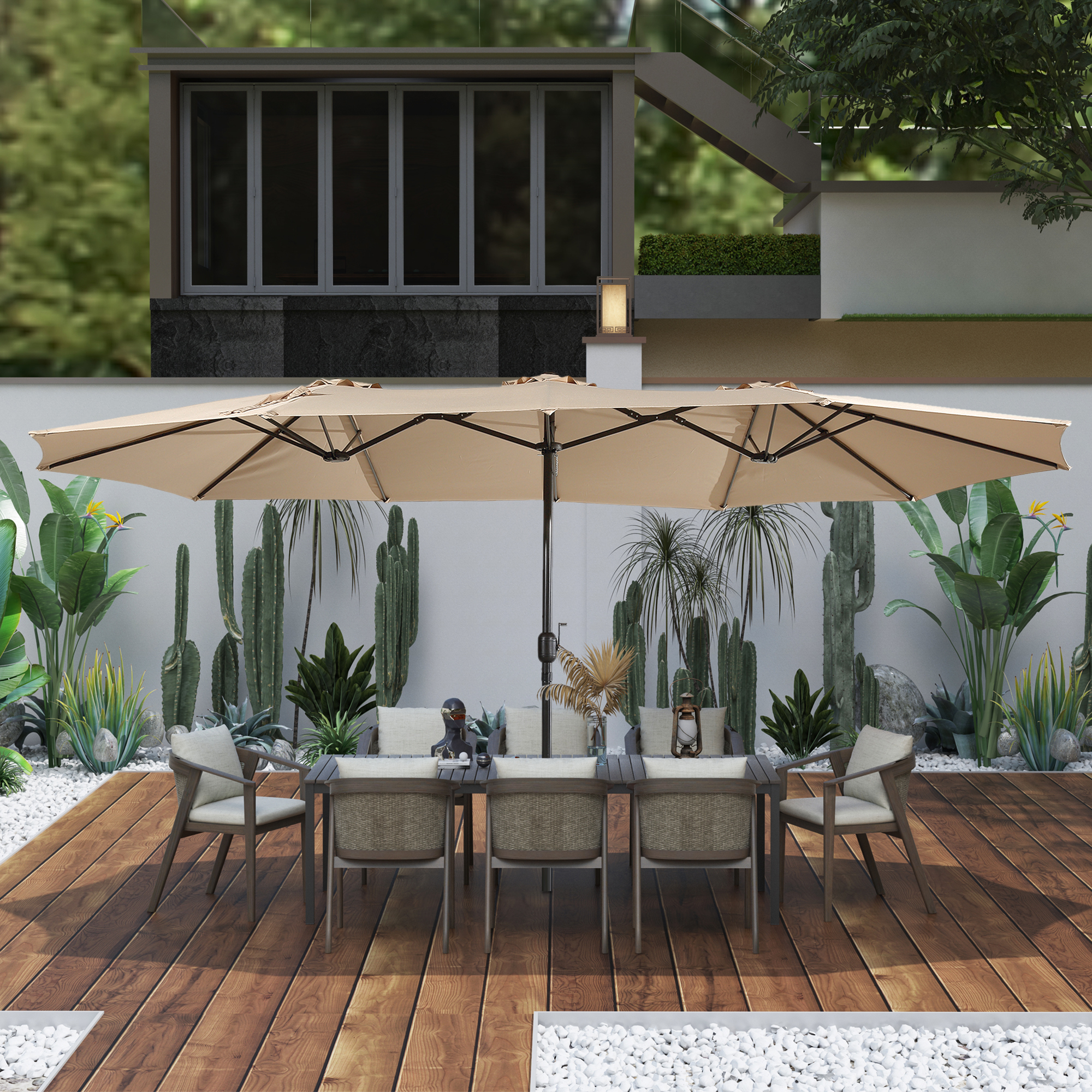 15ft Patio Steel Rectangular Double-Sided Market Umbrella With Base, Classic Design or Solar LED Lights Options,UV Sun Protection & Easy Crank for Deck Pool Patio.