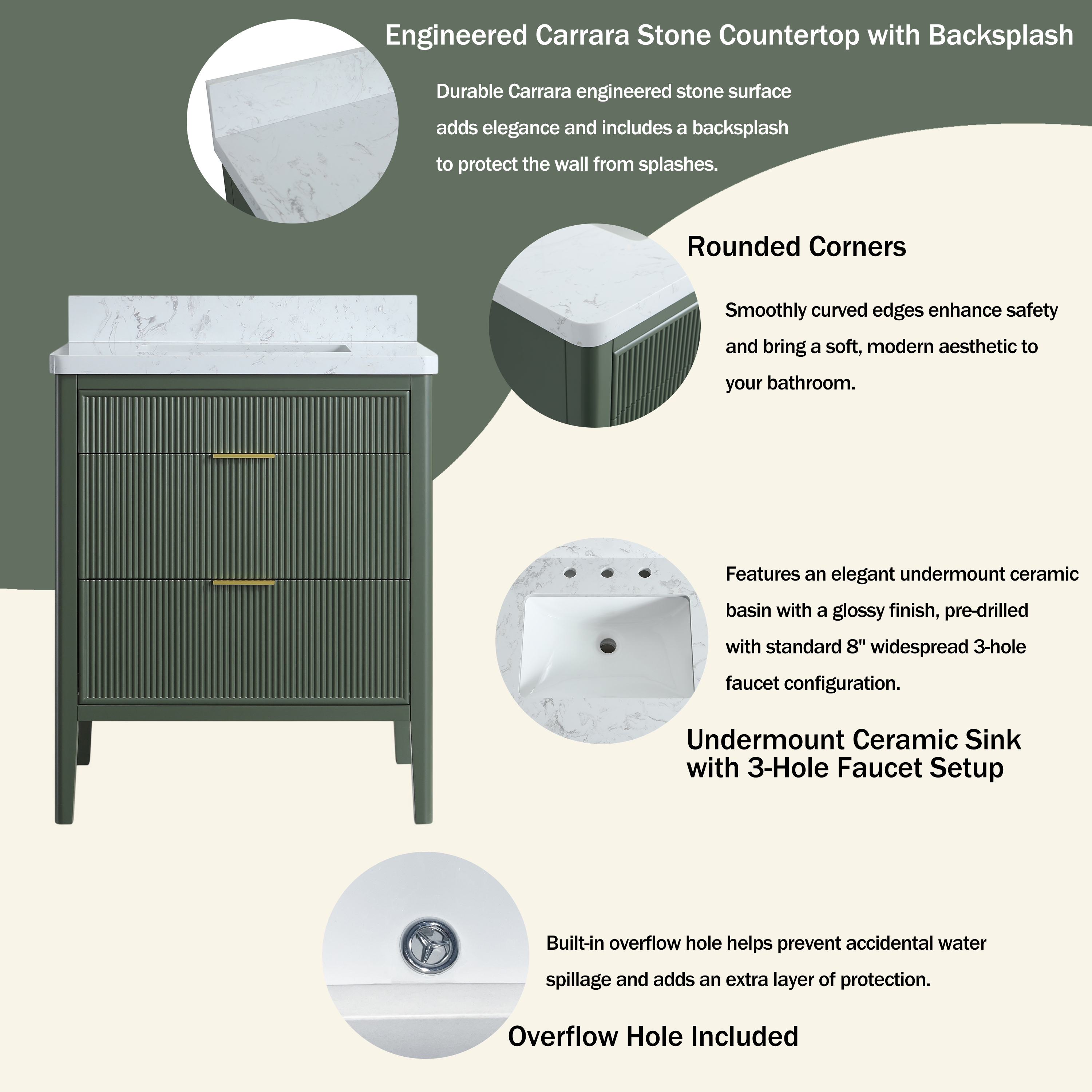 30"/36"/48" Freestanding Single Sink Bathroom Vanity with Solid Wood Construction & Marble Top