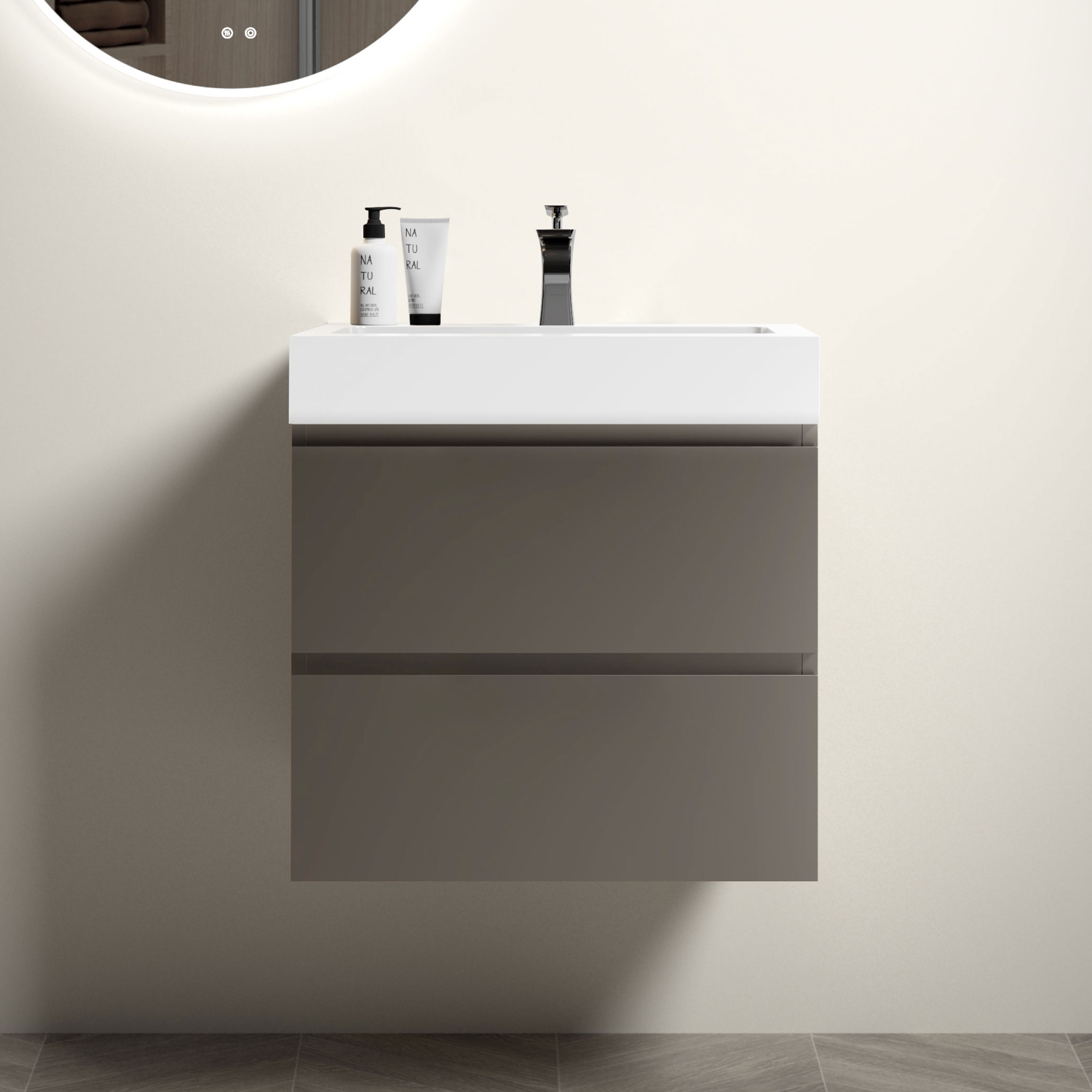 24"/30"/36" Wall-Mounted Gray Bathroom Vanity with White One-Piece Sink Basin