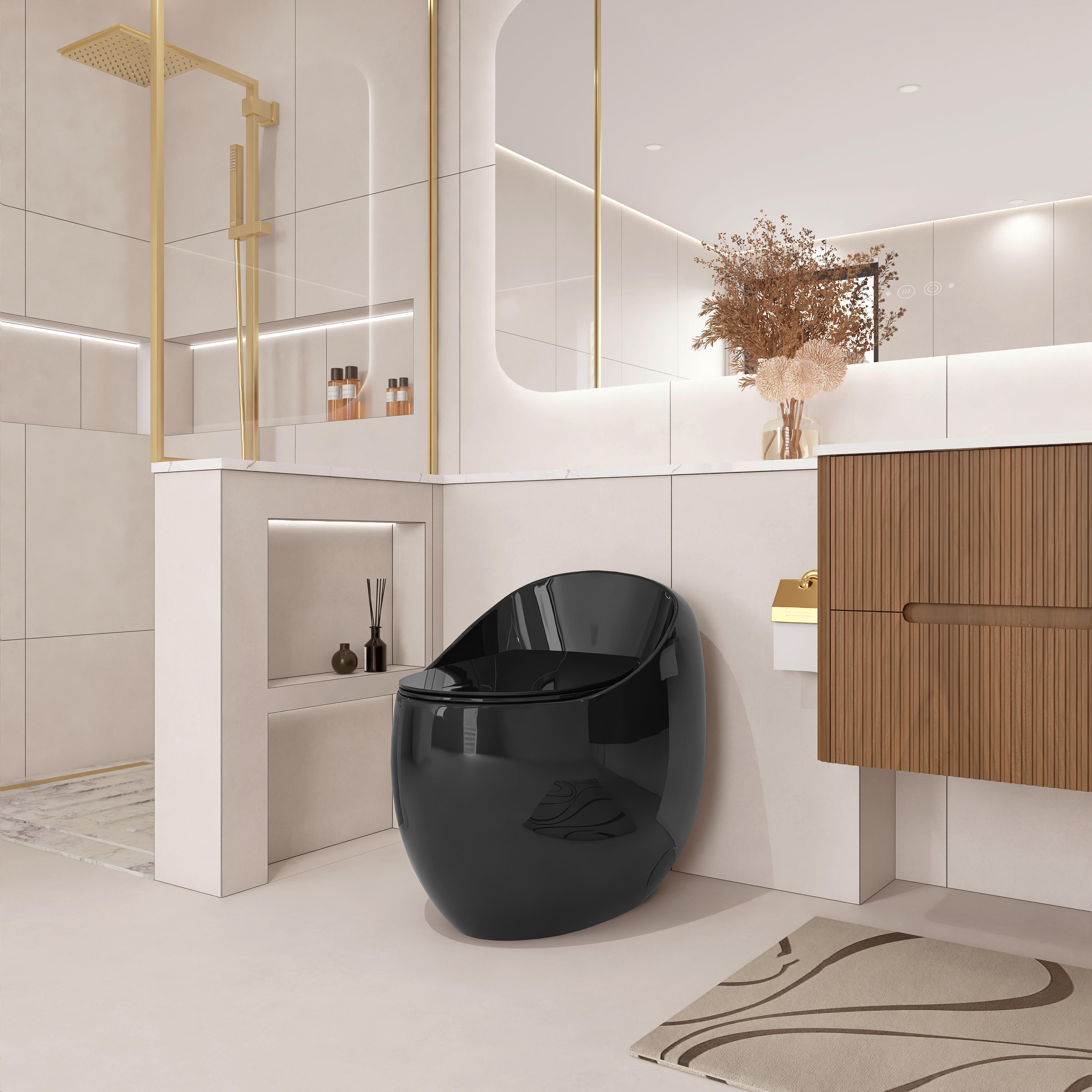 Egg Shape 1-Piece Toilet in Glossy White/Black with 1.28 GPF Single Flush