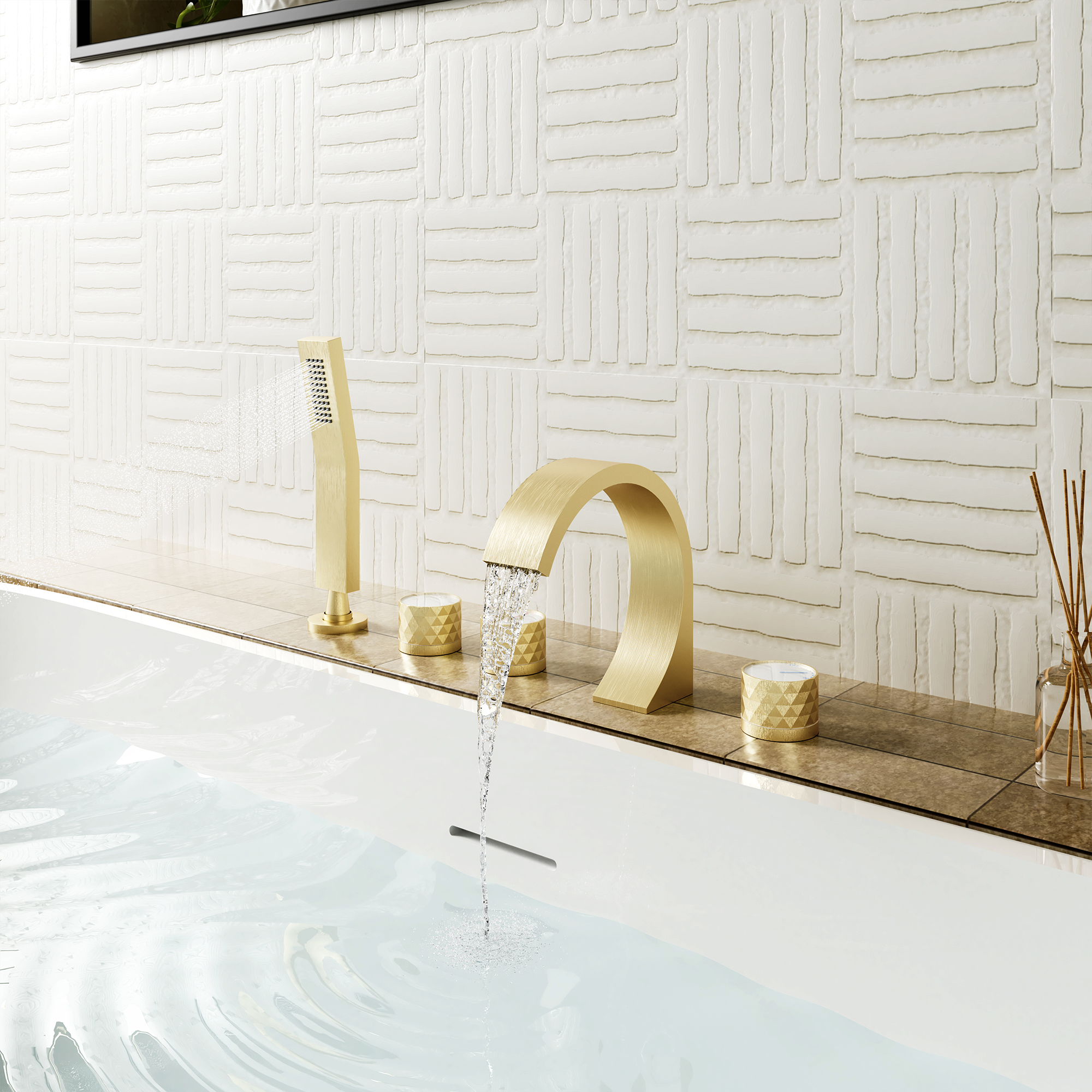 C-Shaped Curved Design 3-Handle Roman Bathtub Faucet with Hand Shower