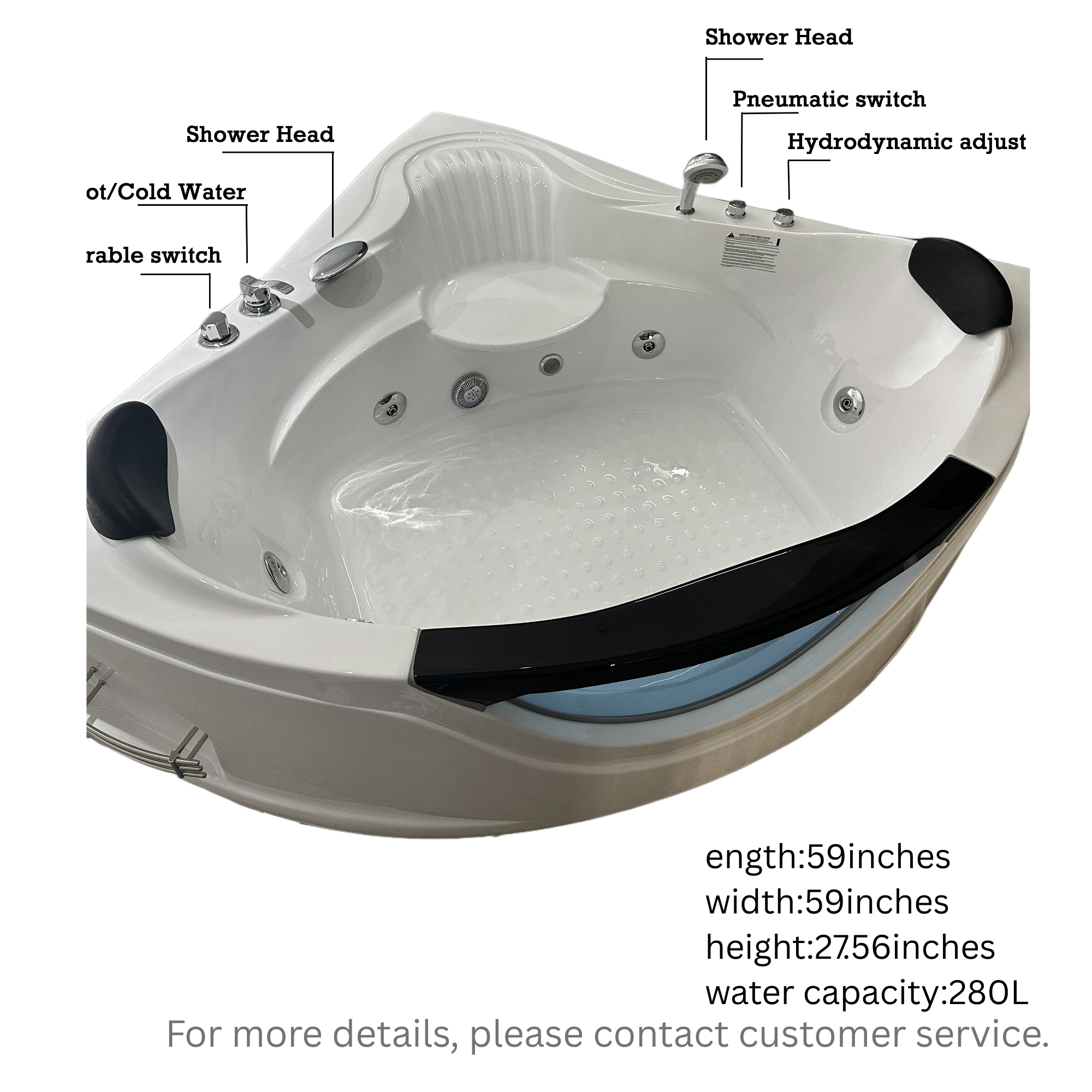 59" Corner Whirlpool Massage Bathtub for 2 Persons with Hydrotherapy Jets & LED Mood Lighting