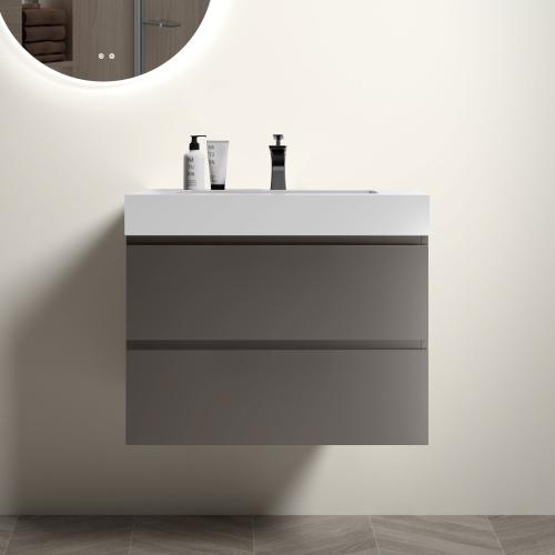 24"/30"/36" Wall-Mounted Gray Bathroom Vanity with White One-Piece Sink Basin