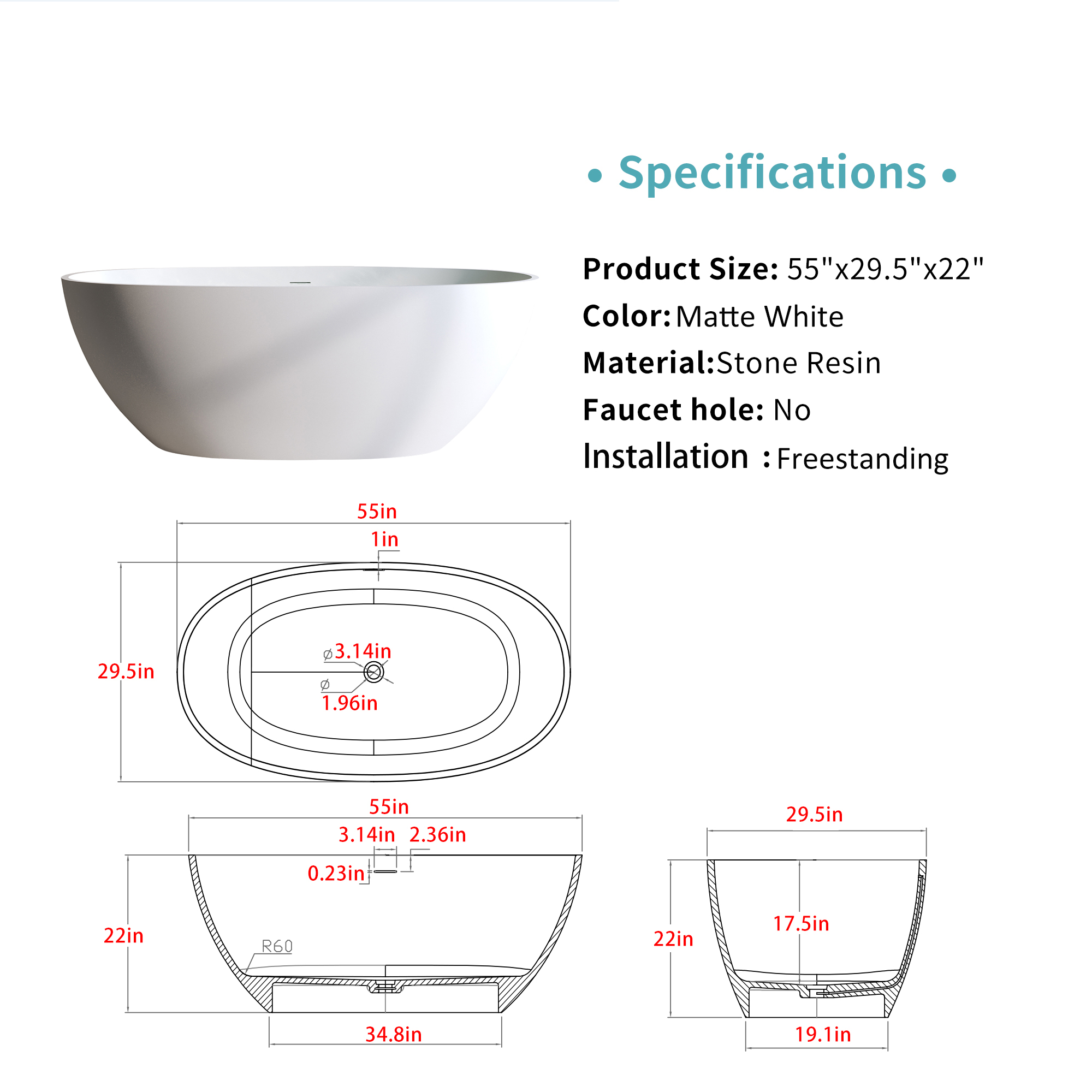 55"/59"/63"/67"/71" Freestanding Solid Surface Soaking Bathtub with Smooth Matte Finish