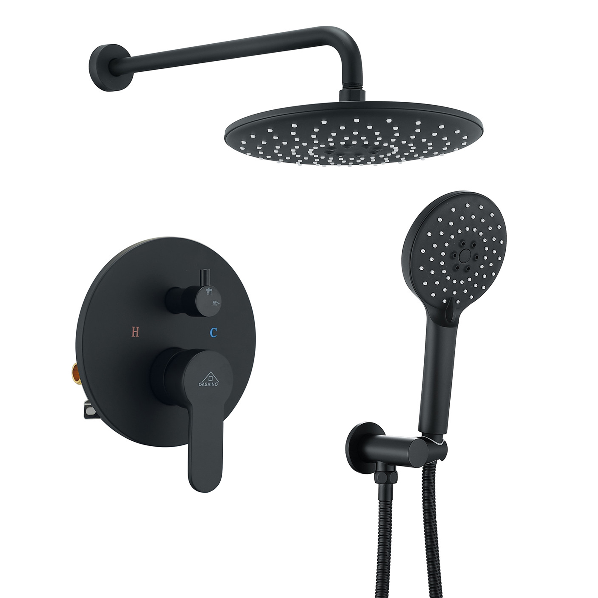 Casainc 3-Spray with 2.5 GPM 10 in. 2 Functions Wall Mount Dual Round Shower Heads in Spot in Matte Black (Valve Included)