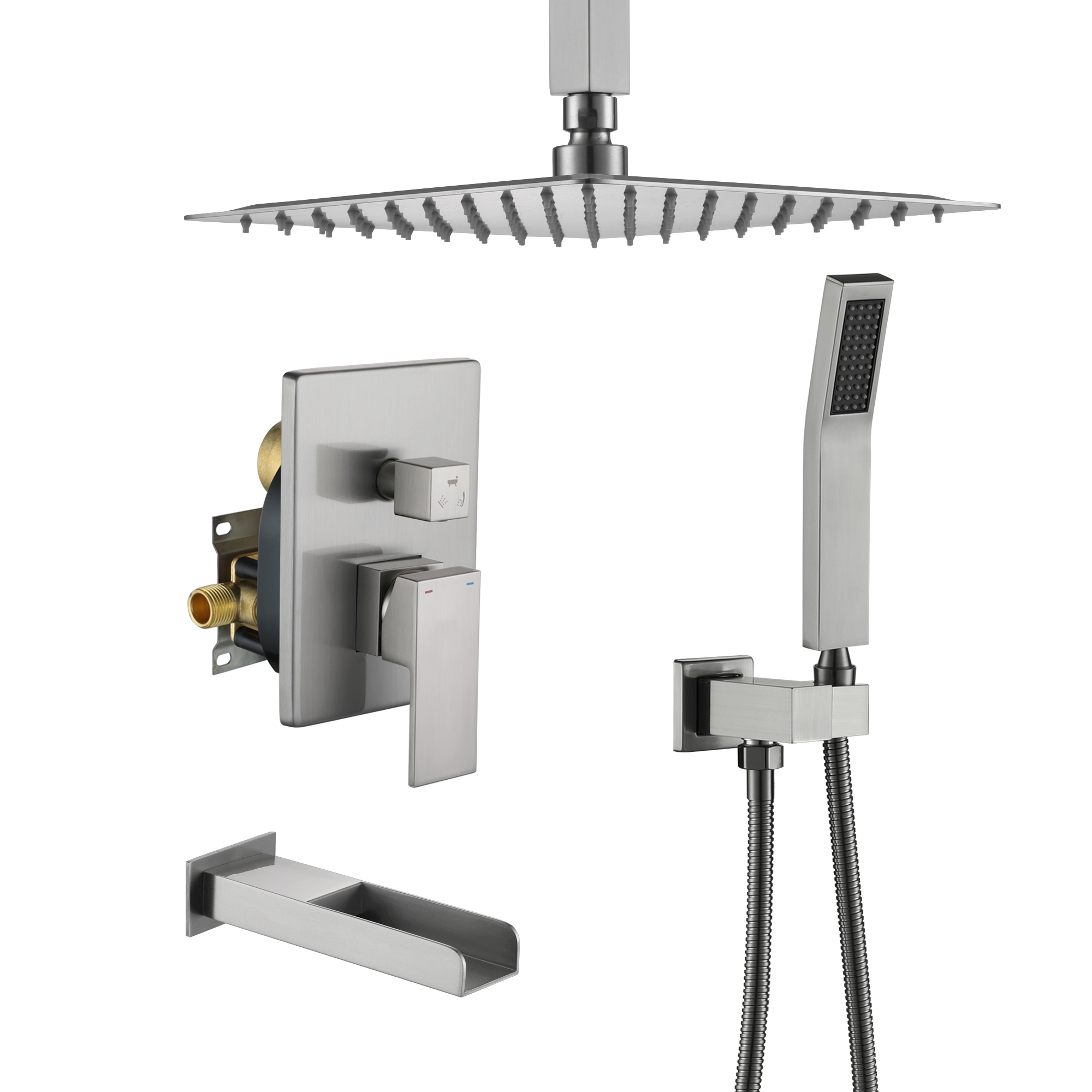 10-inch Ceiling-Mount 3-Function Shower System with Waterfall Tub Spout