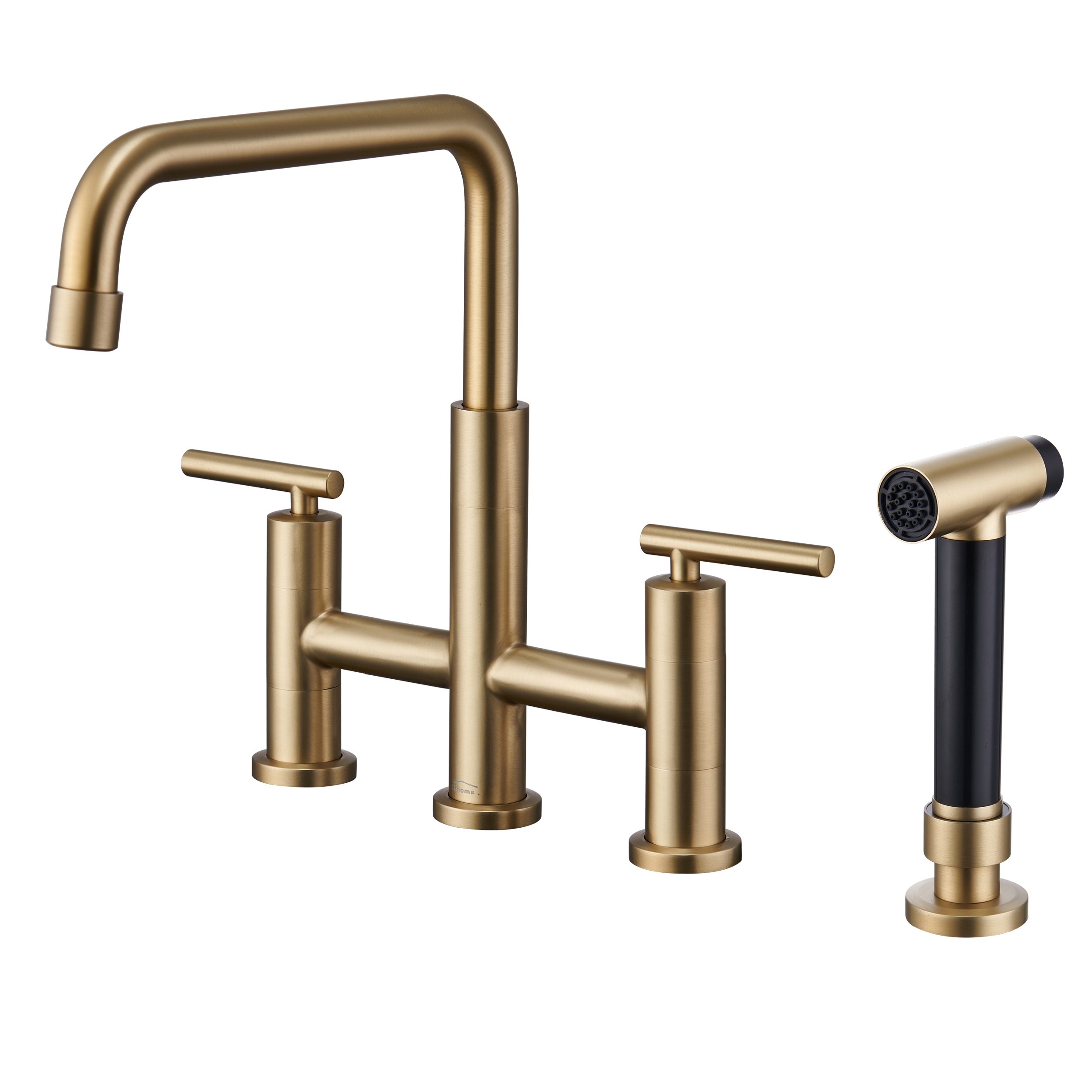 Pull-Down Bridge Kitchen Faucet with Double Handles & Bubbler Aerator