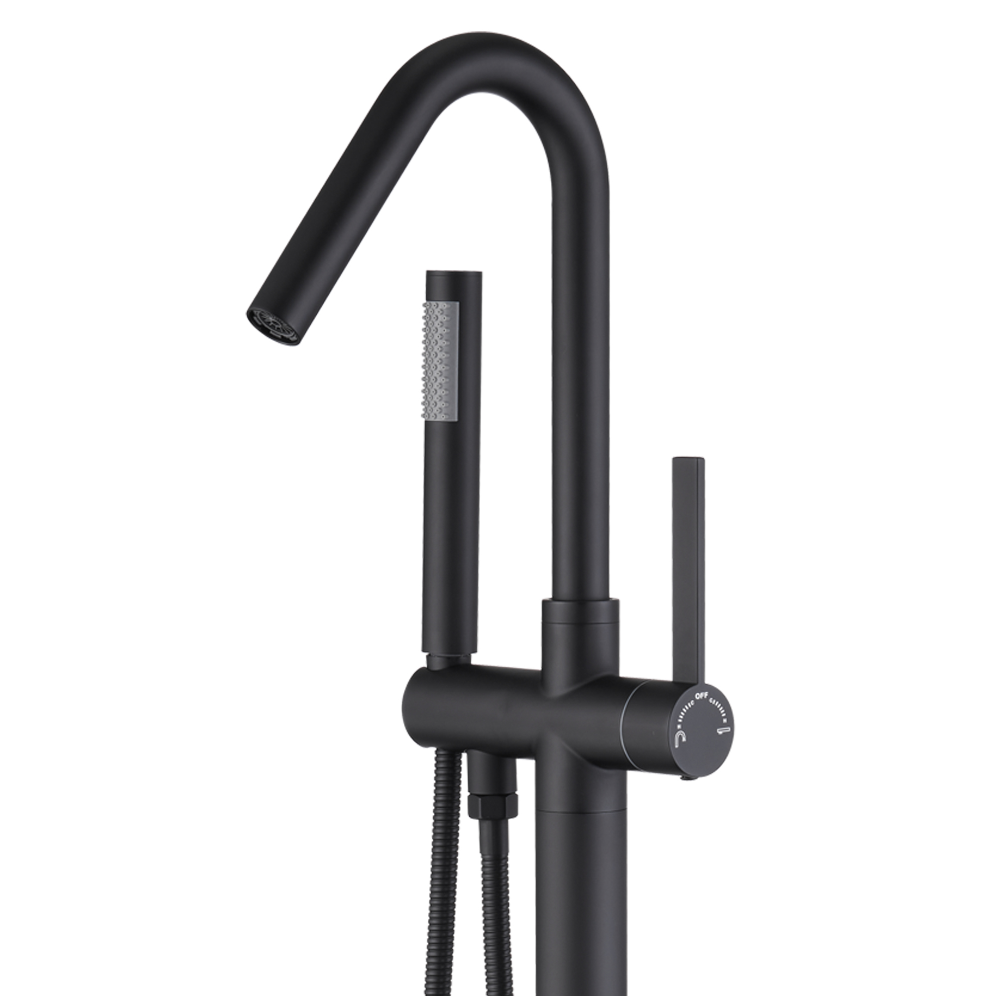 Solid Brass Floor Mount Bathtub Faucet with Hand Shower and High Arc Spout