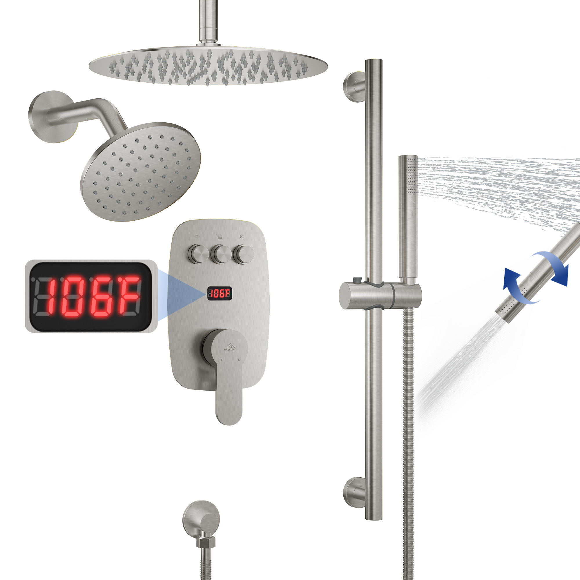 12-inch Ceiling-Mounted Dual Shower System with Slide Bar & Digital Display