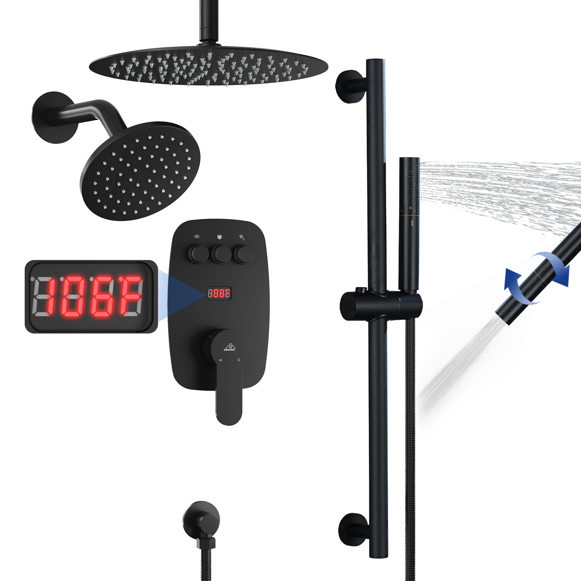 12-inch Ceiling-Mounted Dual Shower System with Slide Bar & Digital Display