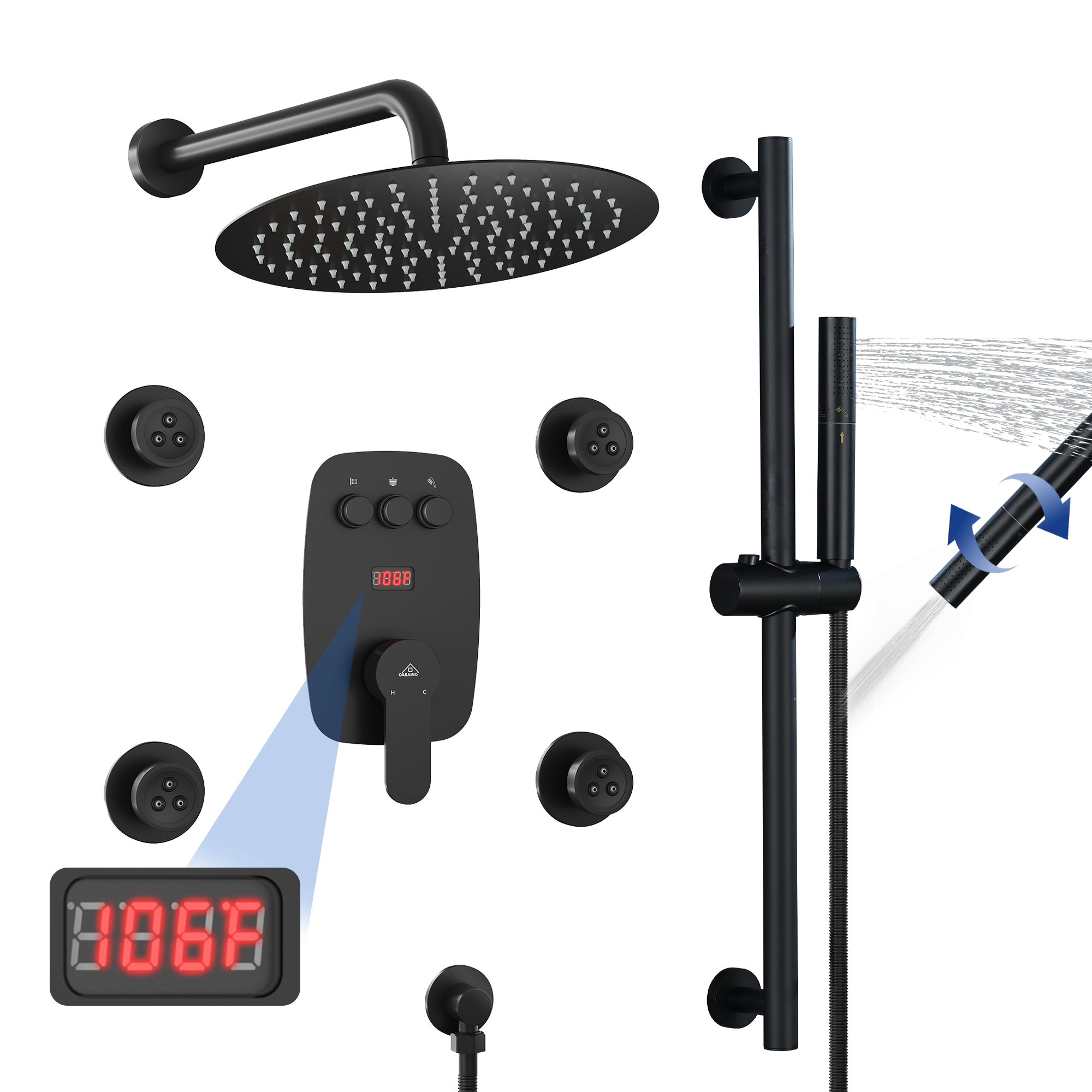 12-inch Wall-Mounted Body Jet Shower System with Slide Bar & Digital Display