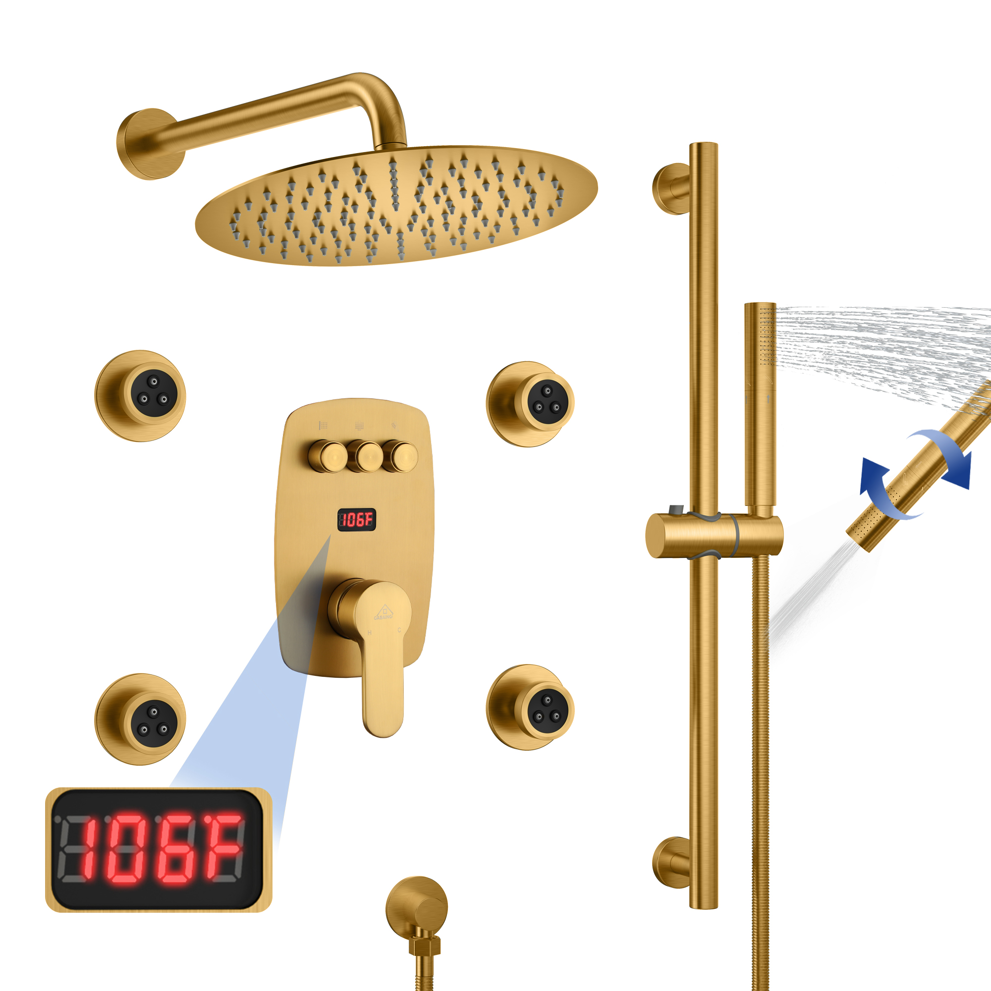 12-inch Wall-Mounted Body Jet Shower System with Slide Bar & Digital Display