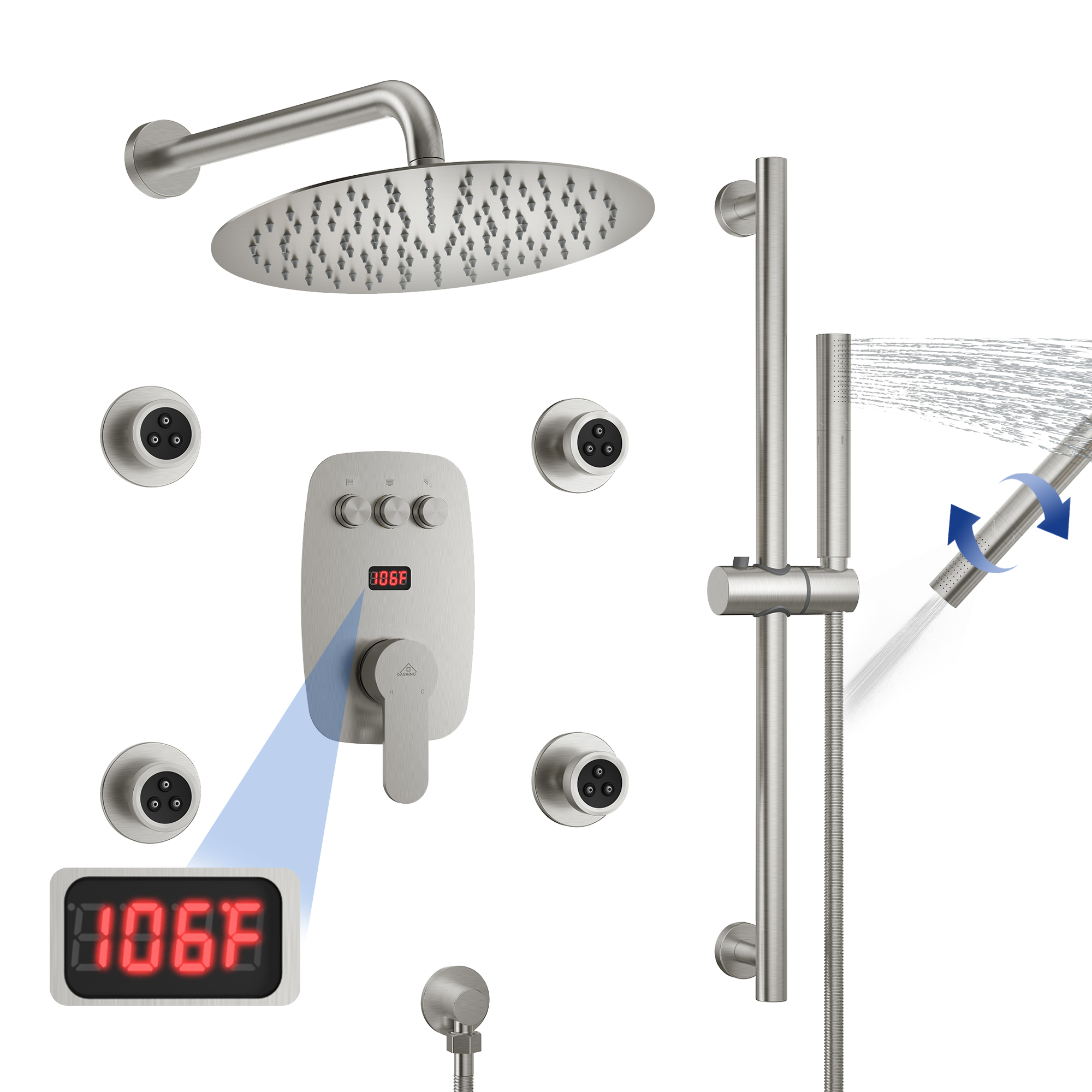 12-inch Wall-Mounted Body Jet Shower System with Slide Bar & Digital Display