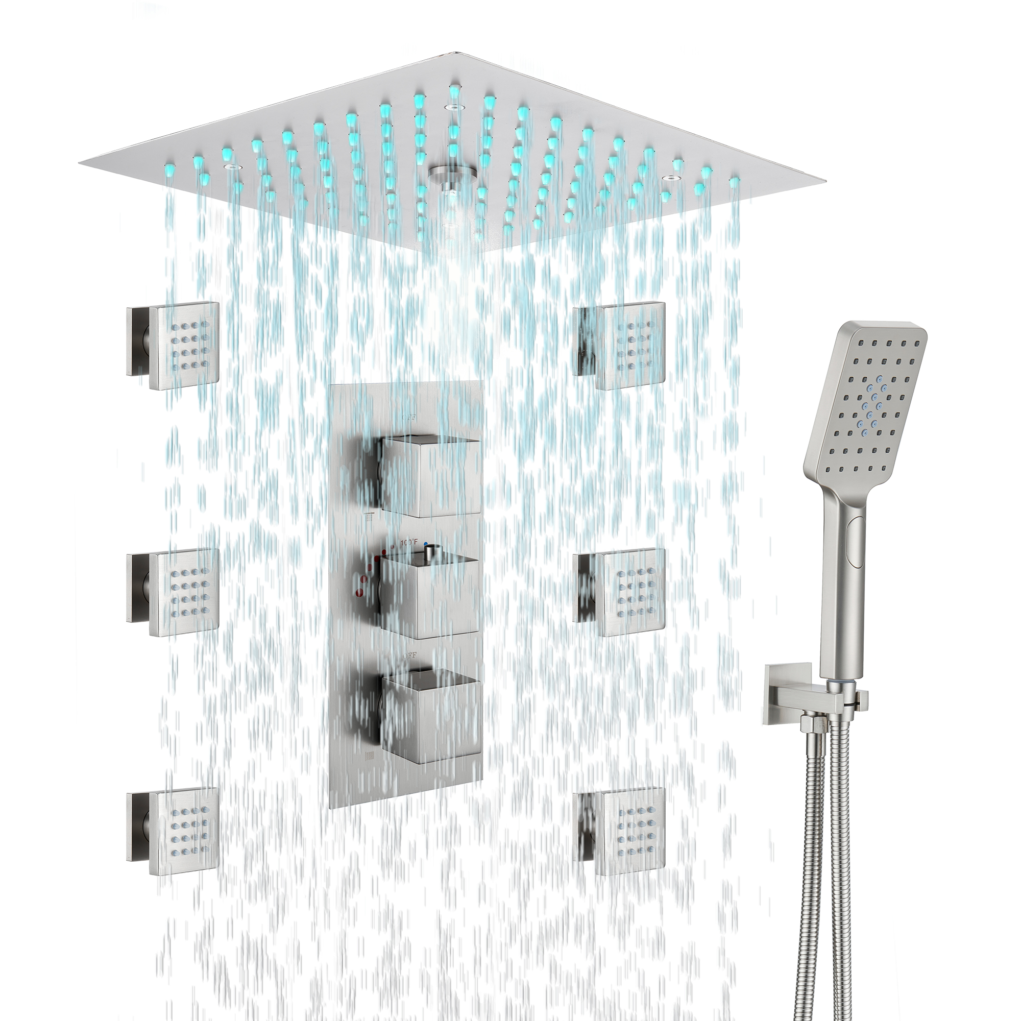 Thermostatic 4-Function LED Luxury Shower System with 12" Rainfall Showerhead