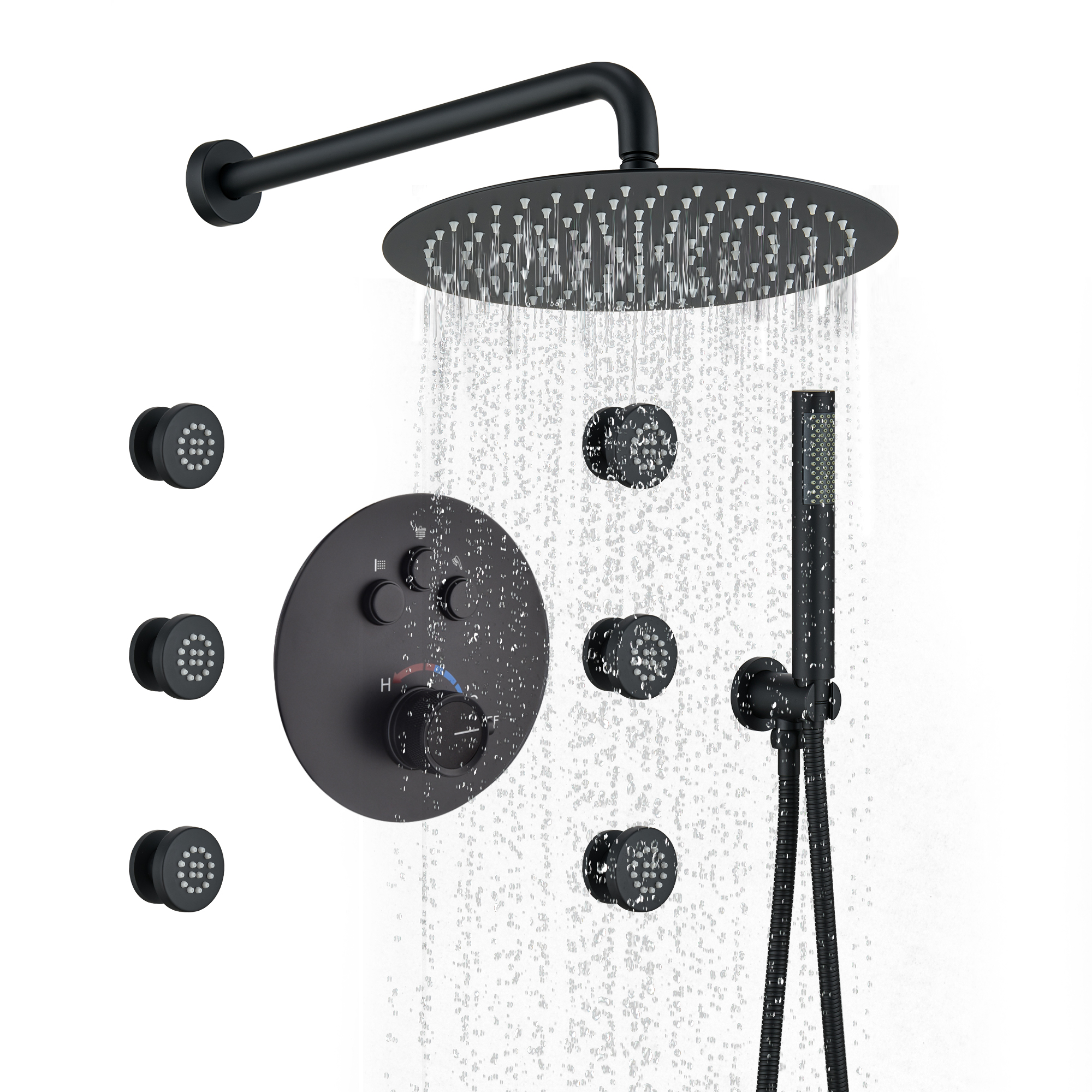 12" Round Rainfall Shower System with 6 Adjustable Body Jets