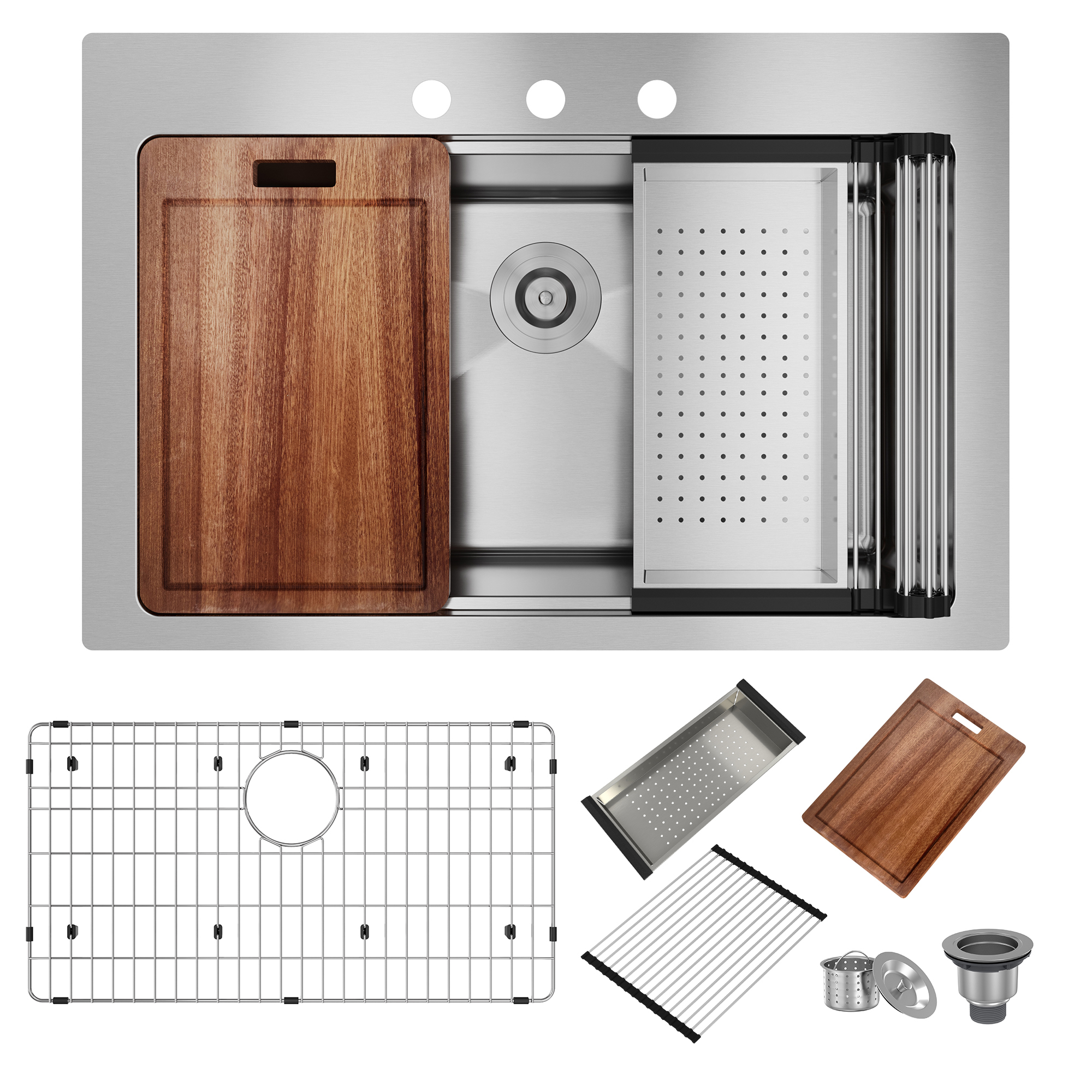 33inch 3-Hole Single Bowl Stainless Steel Drop-in Workstation Kitchen Sink with Accessories