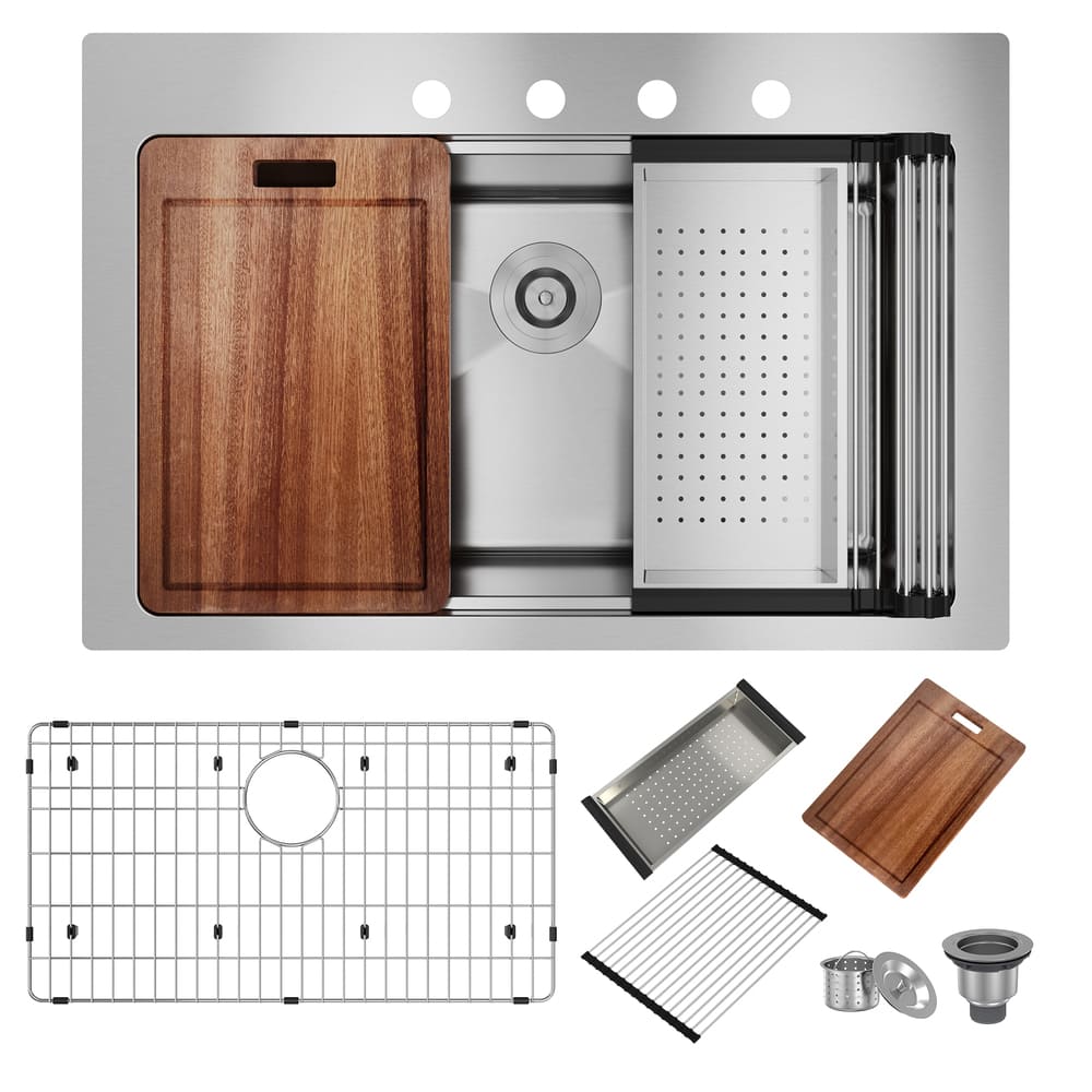 33inch 4-Hole Single Bowl Stainless Steel Drop-in Workstation Kitchen Sink with Accessories