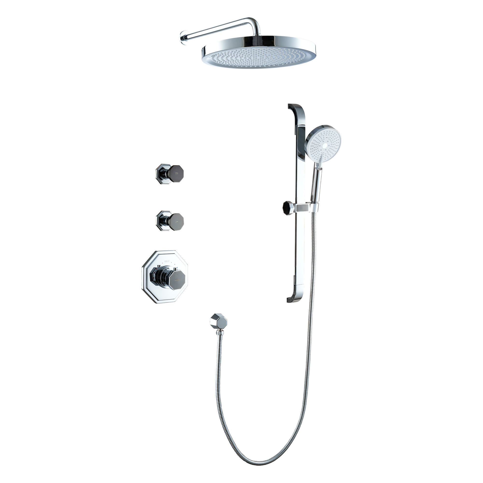 12" Rainfall Thermostatic Shower System with 3-Function Hand Shower - OCTAGON