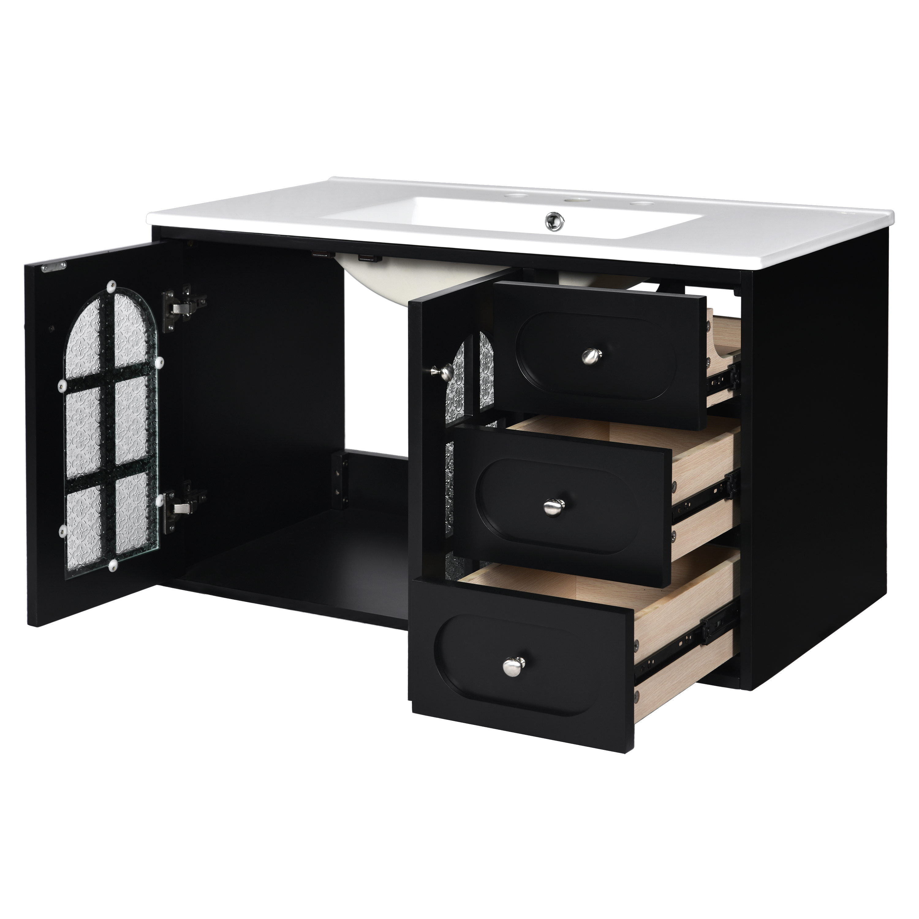 36" Wall Mounted Bathroom Vanity with Ceramic Sink & 3 Drawers