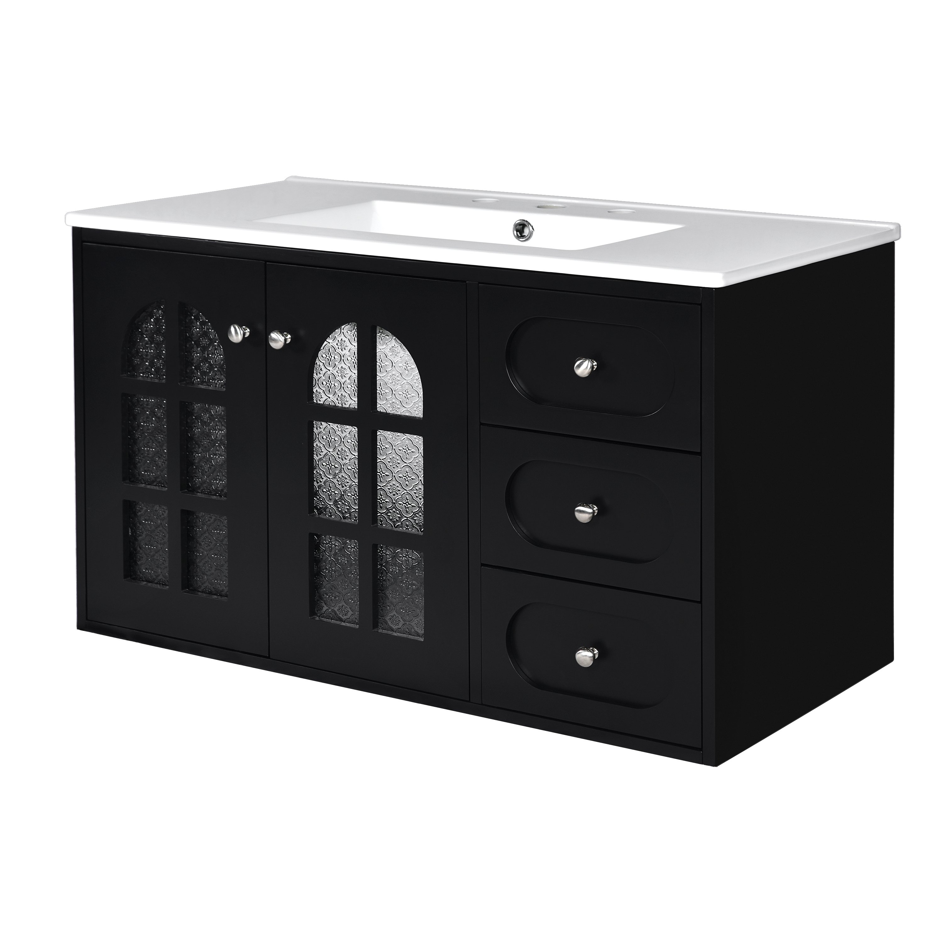36" Wall Mounted Bathroom Vanity with Ceramic Sink & 3 Drawers