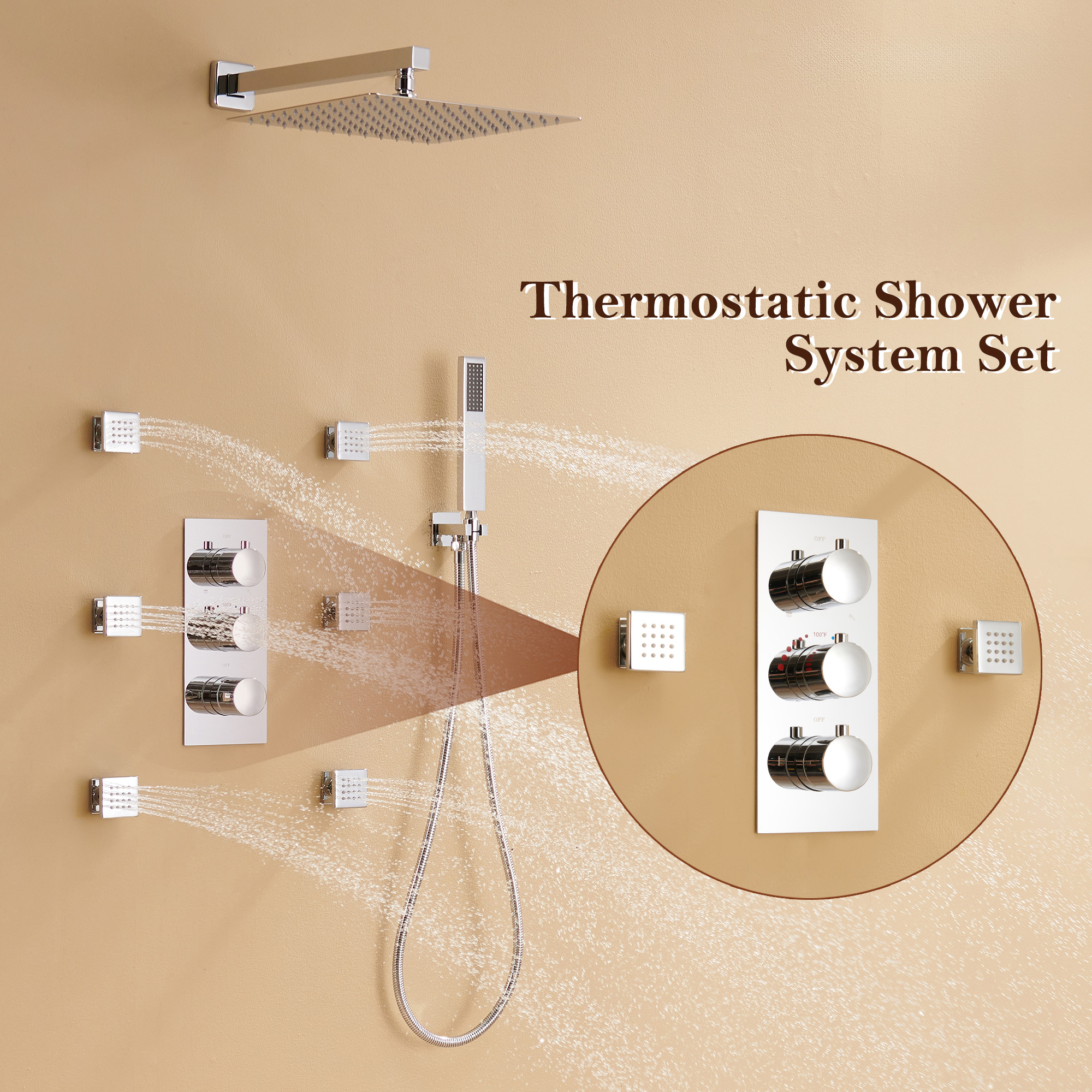 12" Thermostatic Rainfall Shower System with Handheld & Body Jets