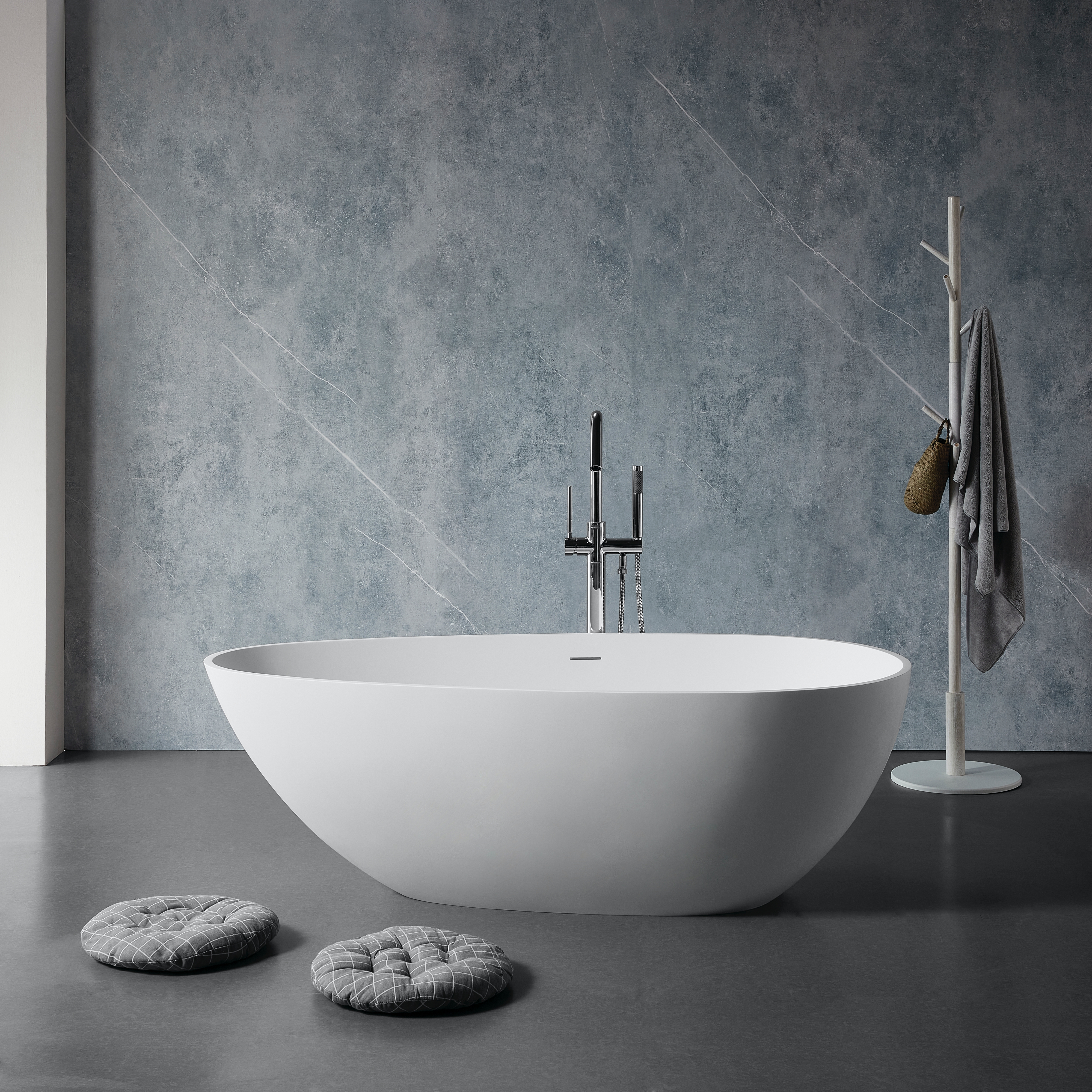 59/67" Luxury Handcrafted Freestanding Solid Surface Soaking Bathtub in Glossy White/Matte White