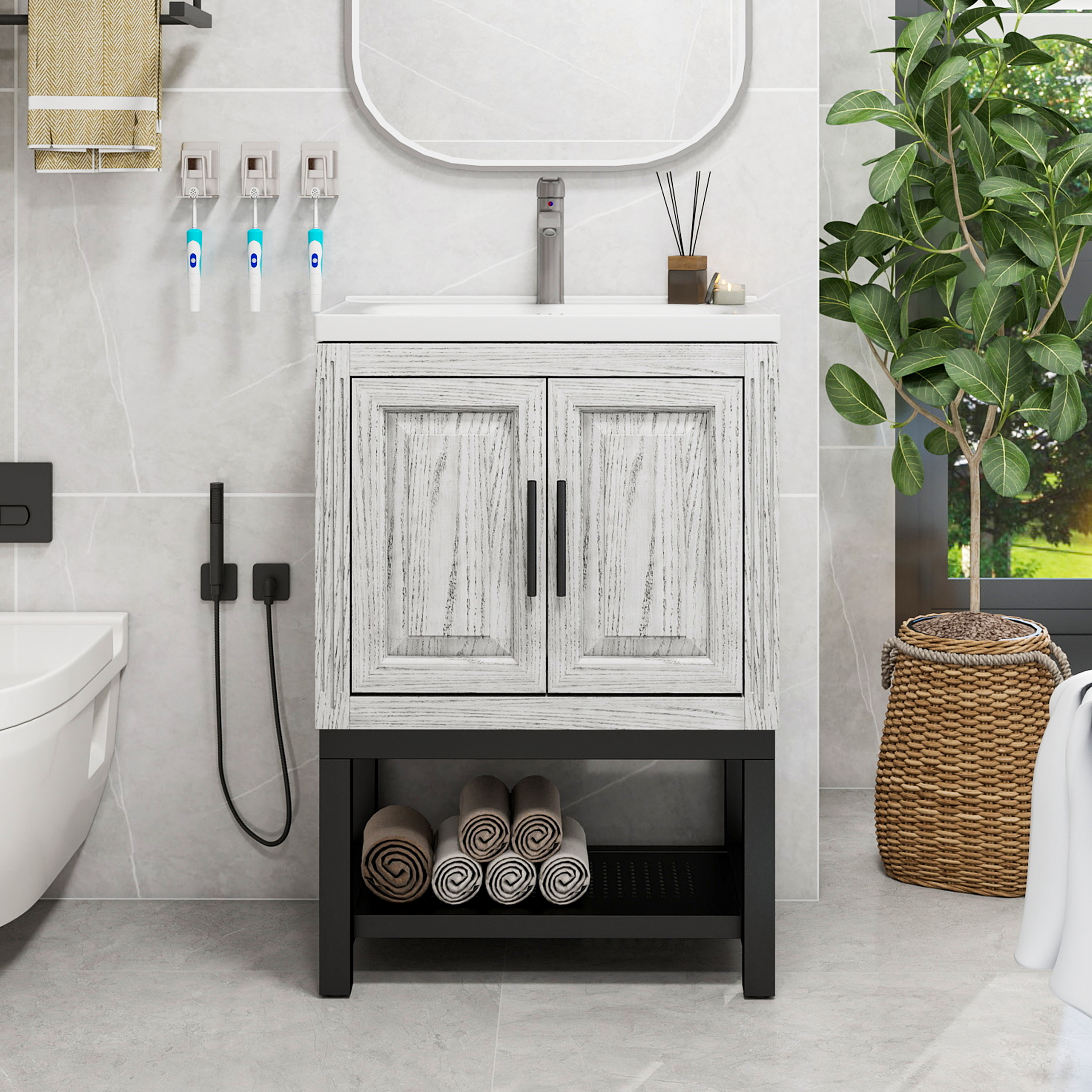 Freestanding Bathroom Vanity with White Ceramic Sink & Hot and Cold Faucet
