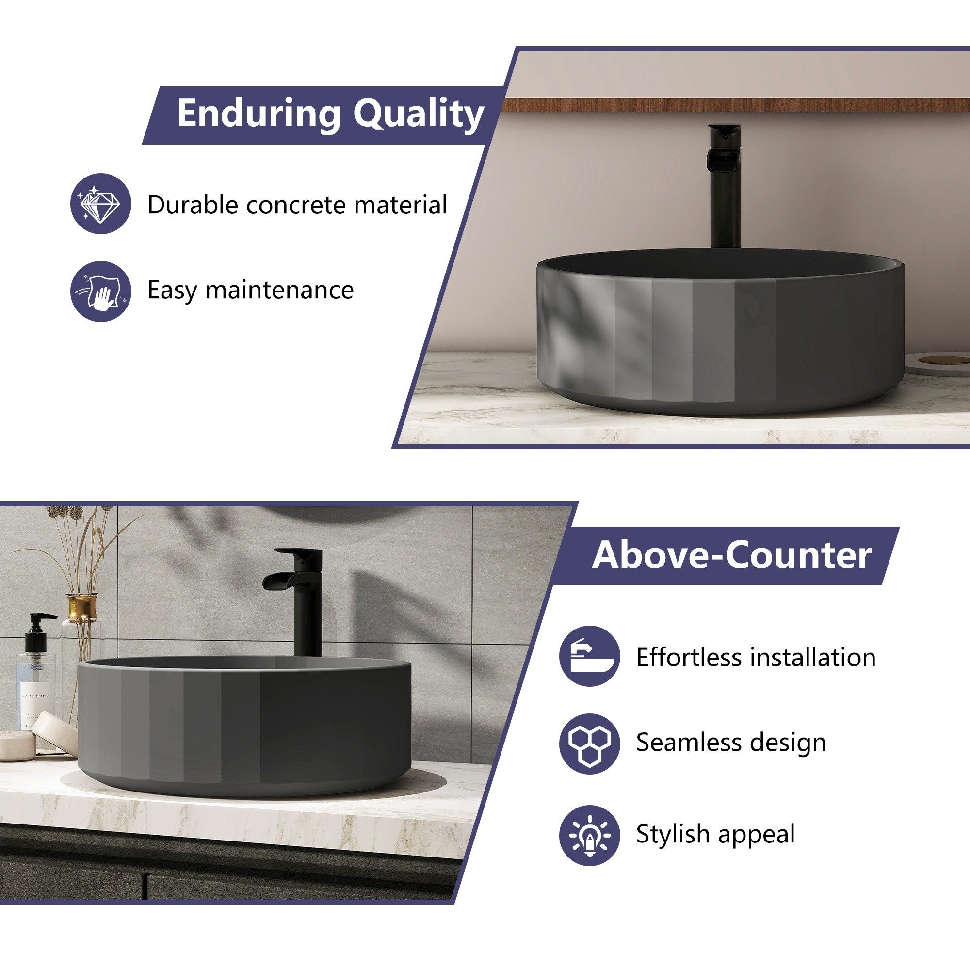 17in Bathroom Concrete Round Vessel Sink with Drainer in Black Earth / Mottled Bluish Grey / Taupe Clay