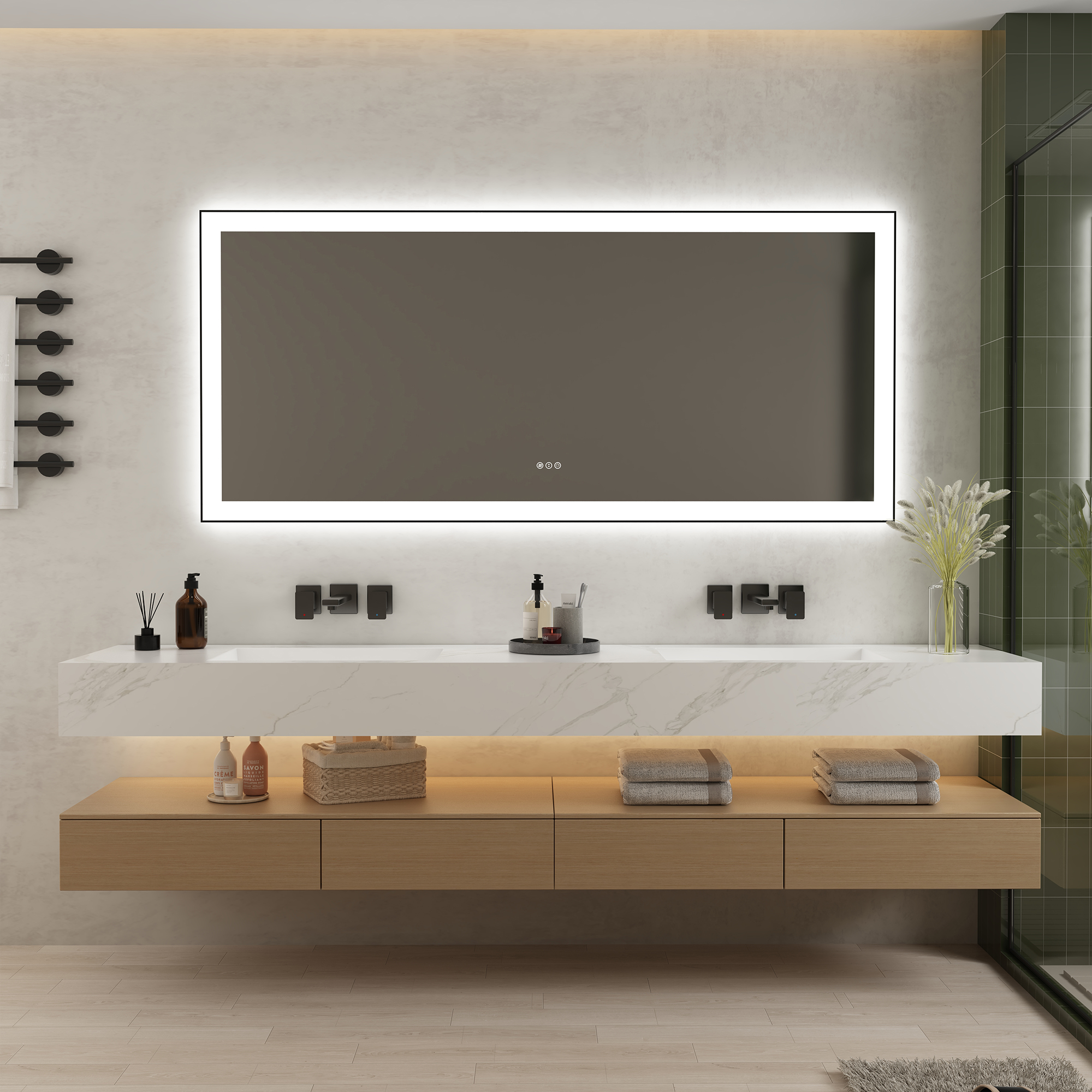 Tempered Glass LED Mirror with Aluminum Frame for Bathroom Vanity