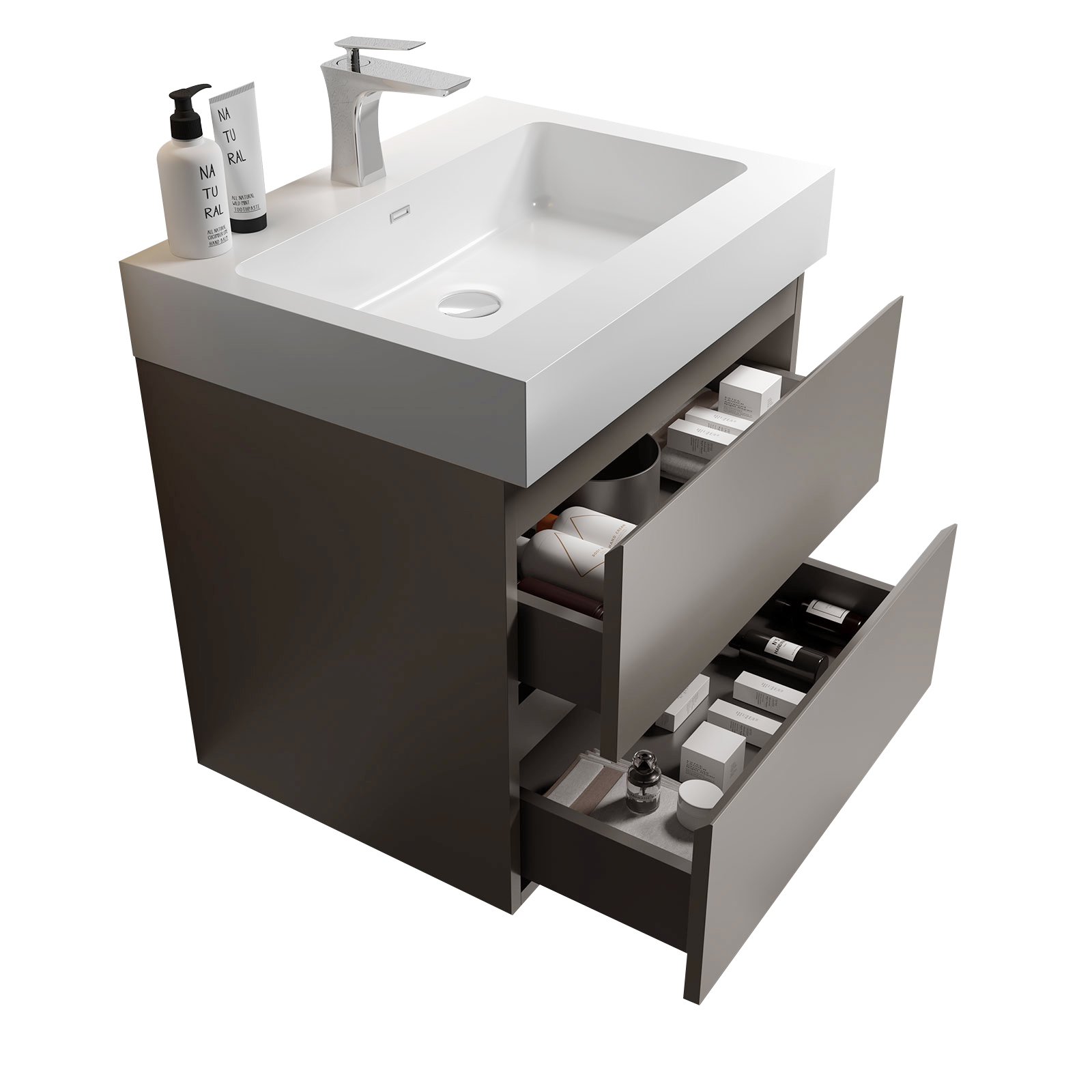 24"/30"/36" Wall-Mounted Gray Bathroom Vanity with White One-Piece Sink Basin