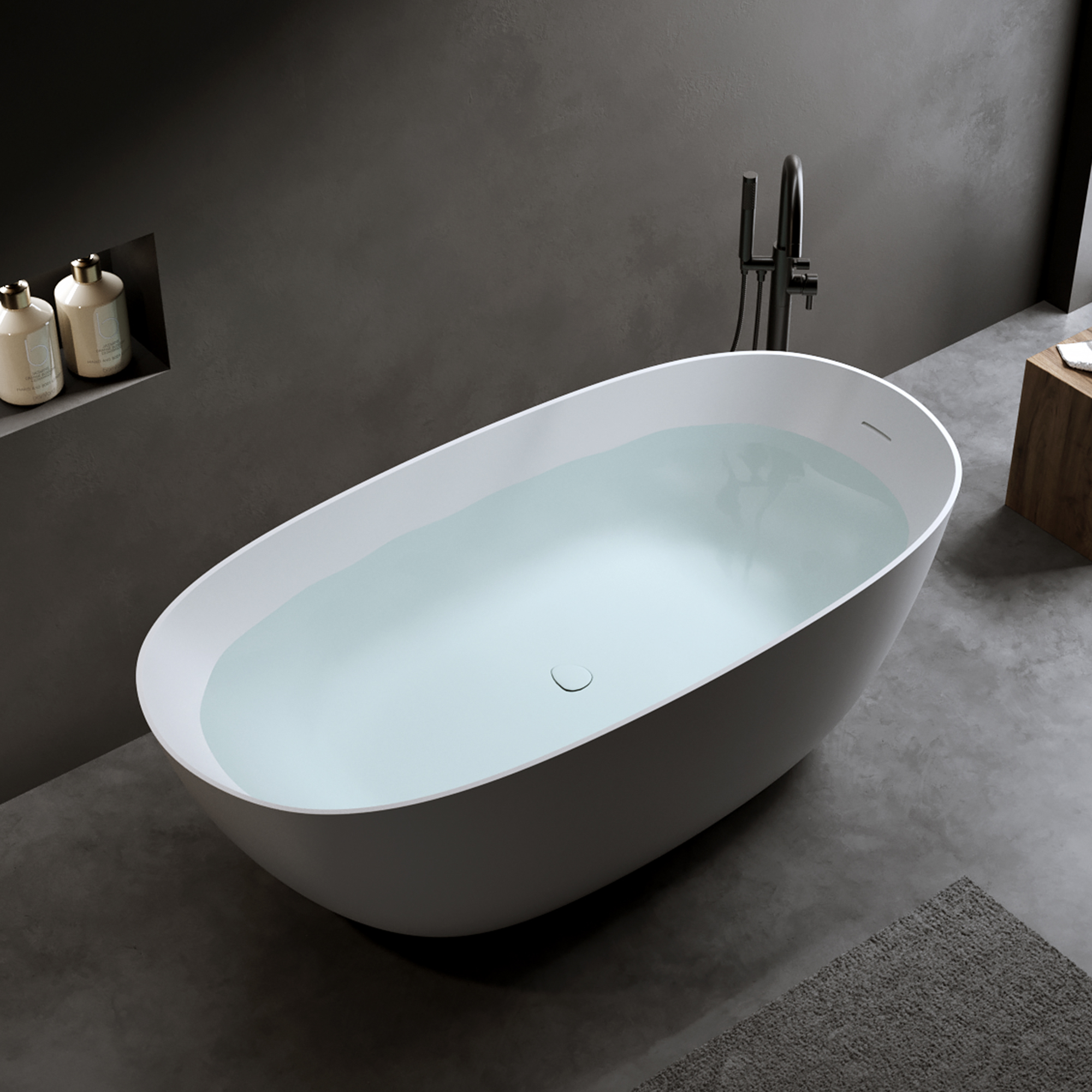 57"/61"/65"/69" Luxury Stone Resin Freestanding Soaking Bathtub in Hand-Polished Finish