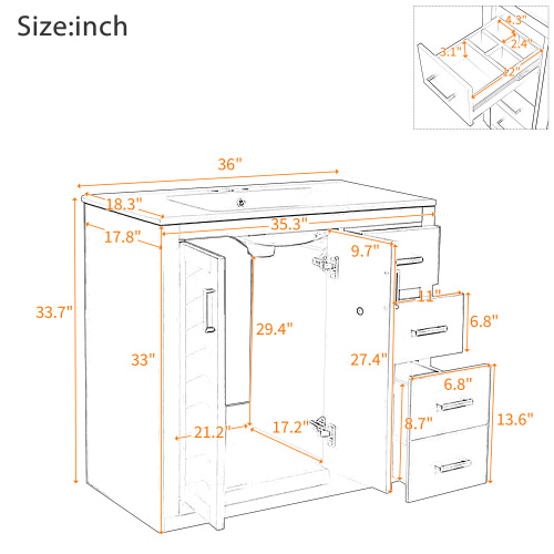 30"/36" Freestanding Bathroom Vanity with Ceramic Sink Combo, 3 Drawers & Soft Closing Doors