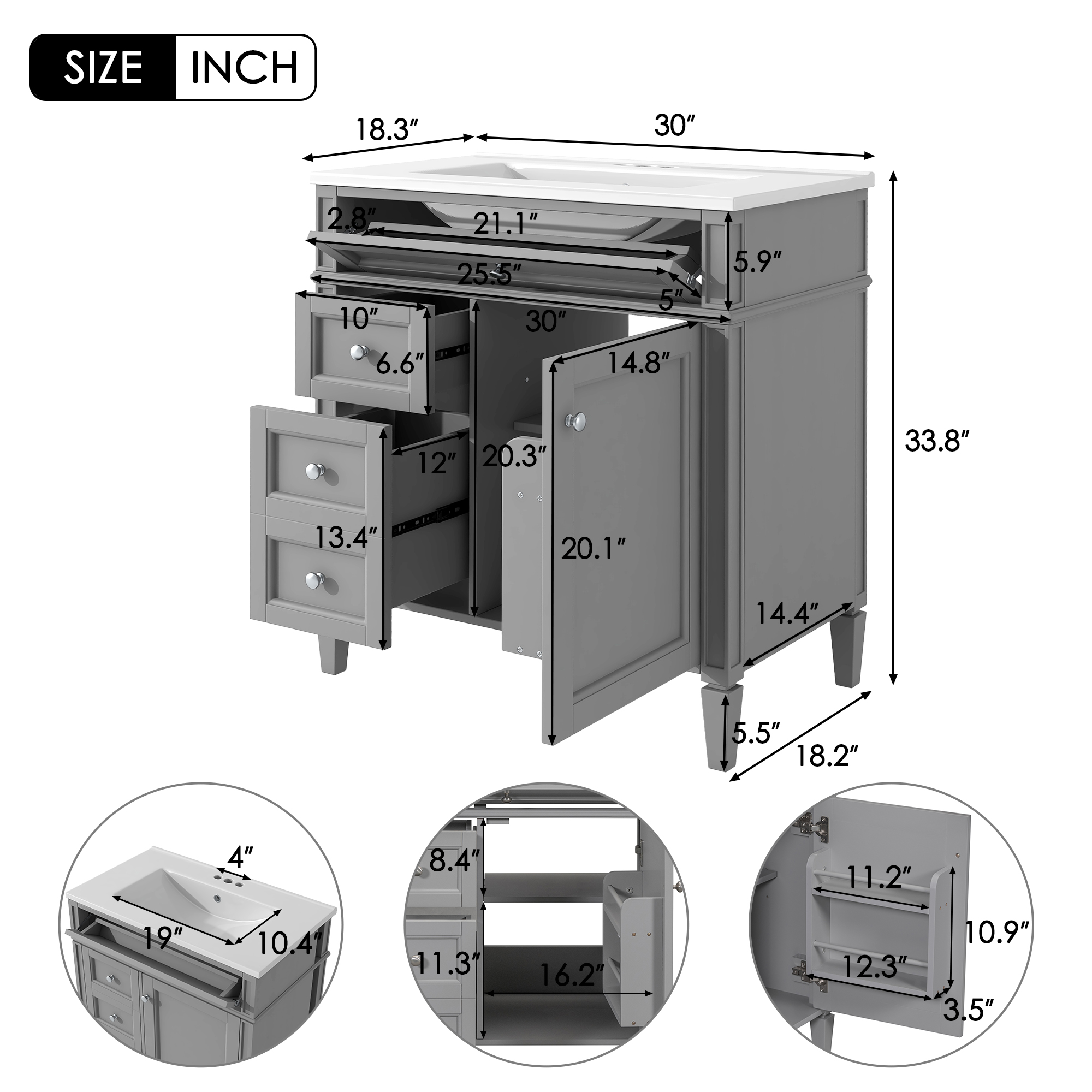 30"/36" Freestanding Bathroom Vanity in Grey with 2 Drawers and a Tip-out Drawer