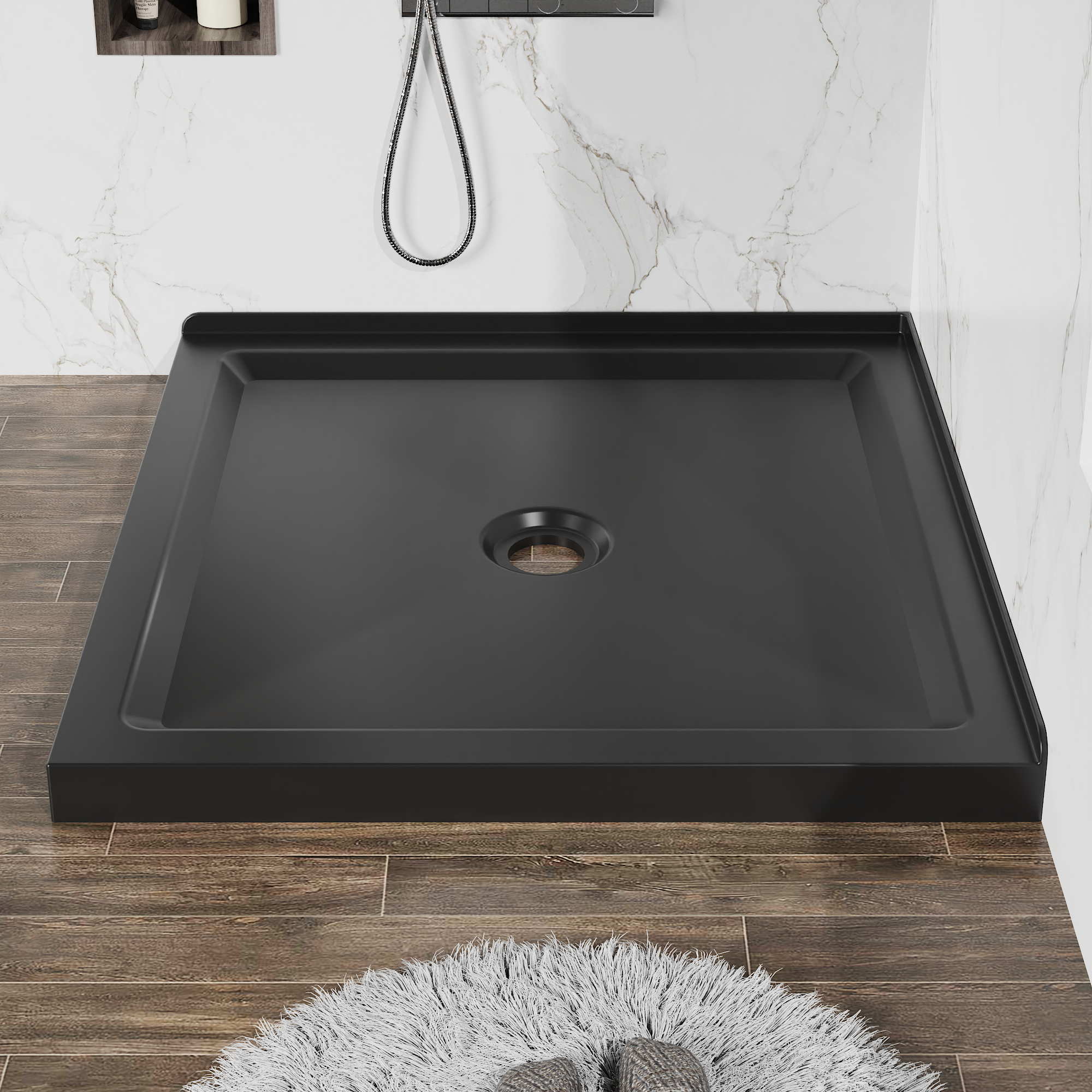 36" x 36" Black Acrylic Shower Base with Center Drain, Anti-Slip Double Threshold Design