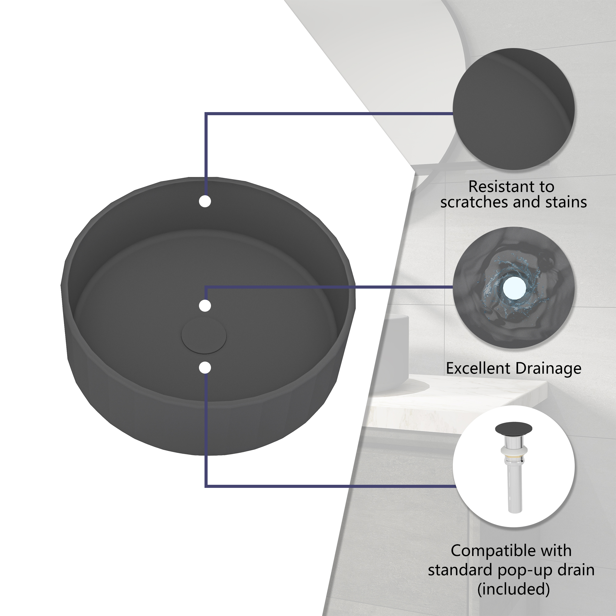 17in Bathroom Concrete Round Vessel Sink with Drainer in Black Earth / Mottled Bluish Grey / Taupe Clay