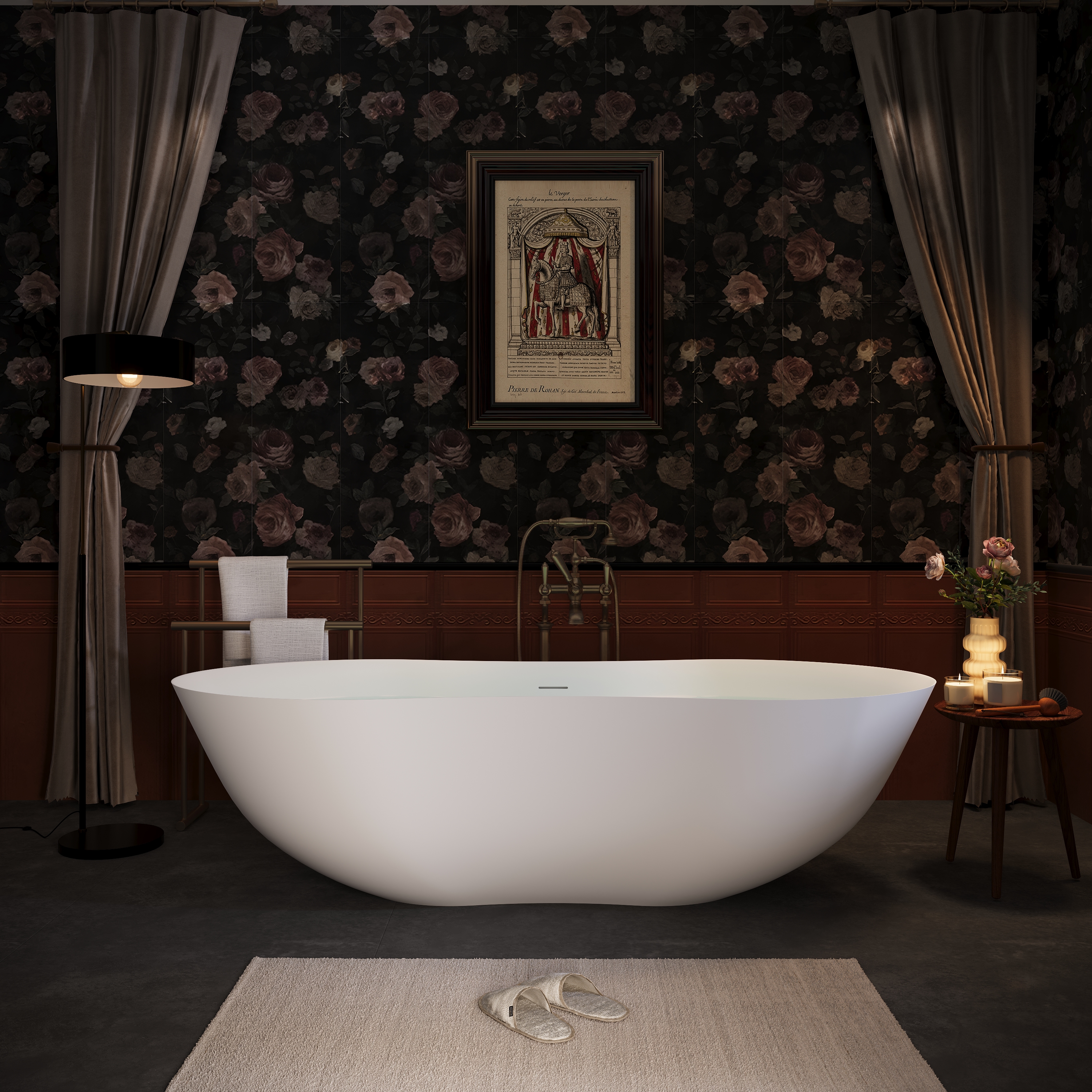 67" Peanut-Shaped Freestanding Solid Surface Bathtub for Two with Overflow & Pop-Up Drain