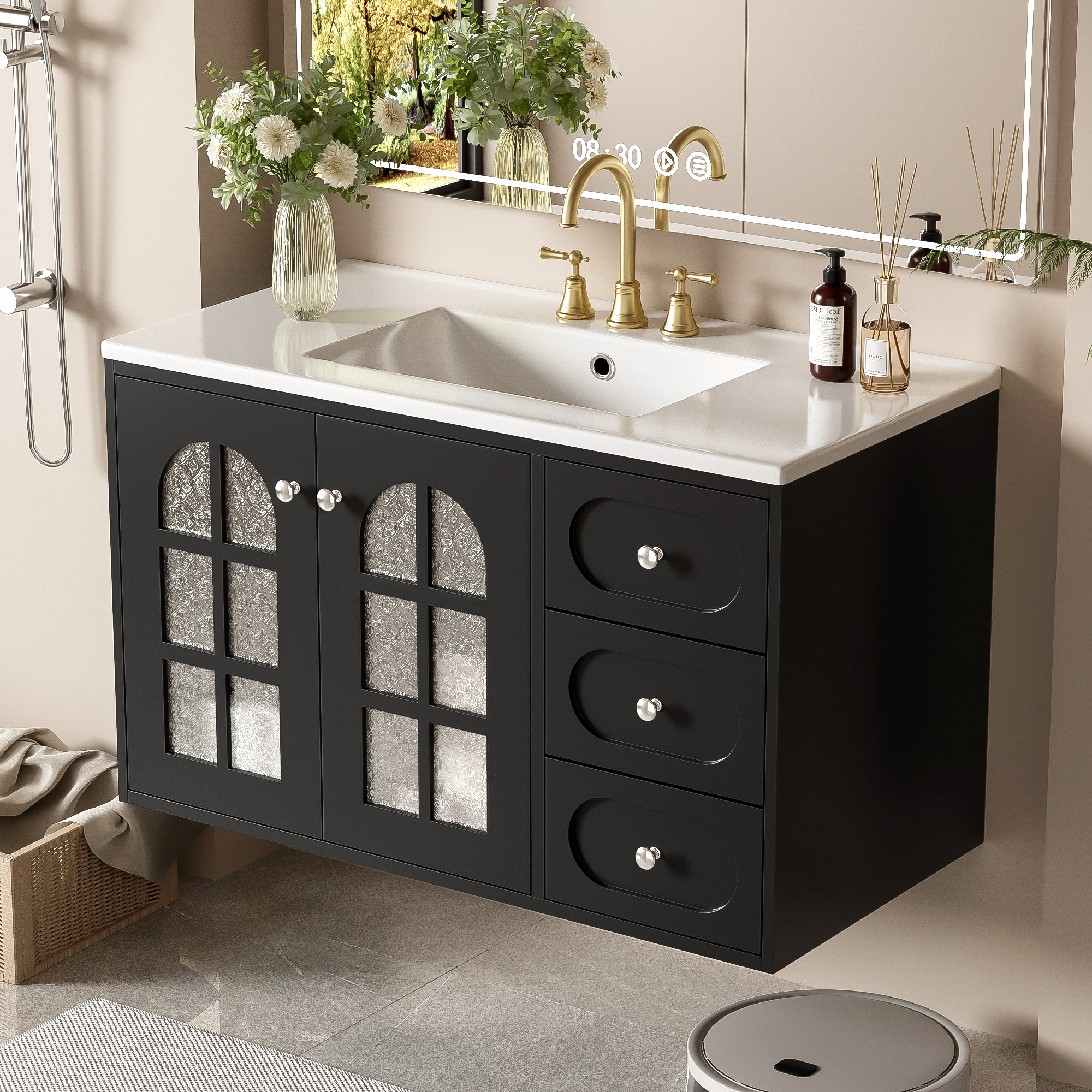 36" Wall Mounted Bathroom Vanity with Ceramic Sink & 3 Drawers
