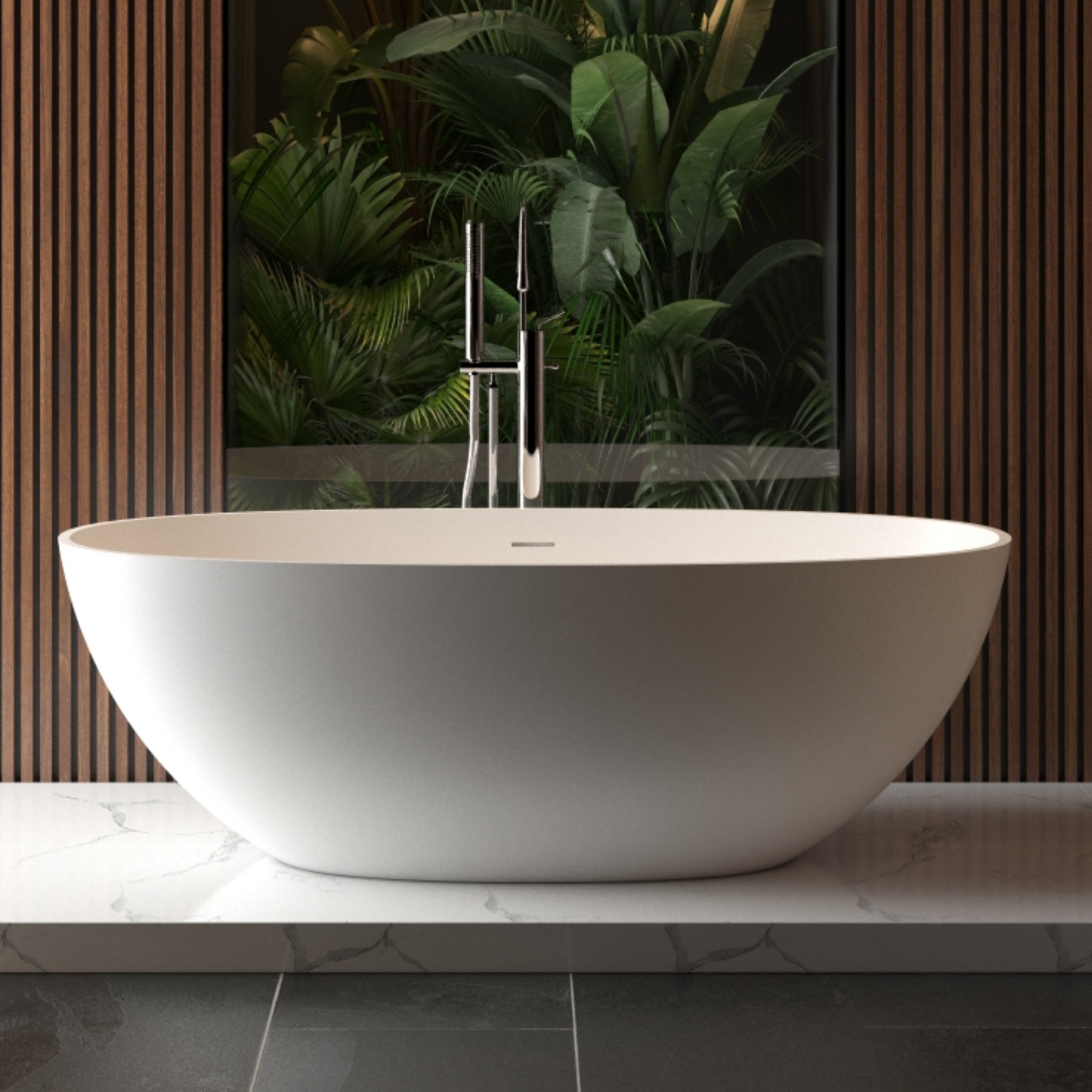 65" Oval Stone Resin Freestanding Soaking Tub with Ergonomic Design