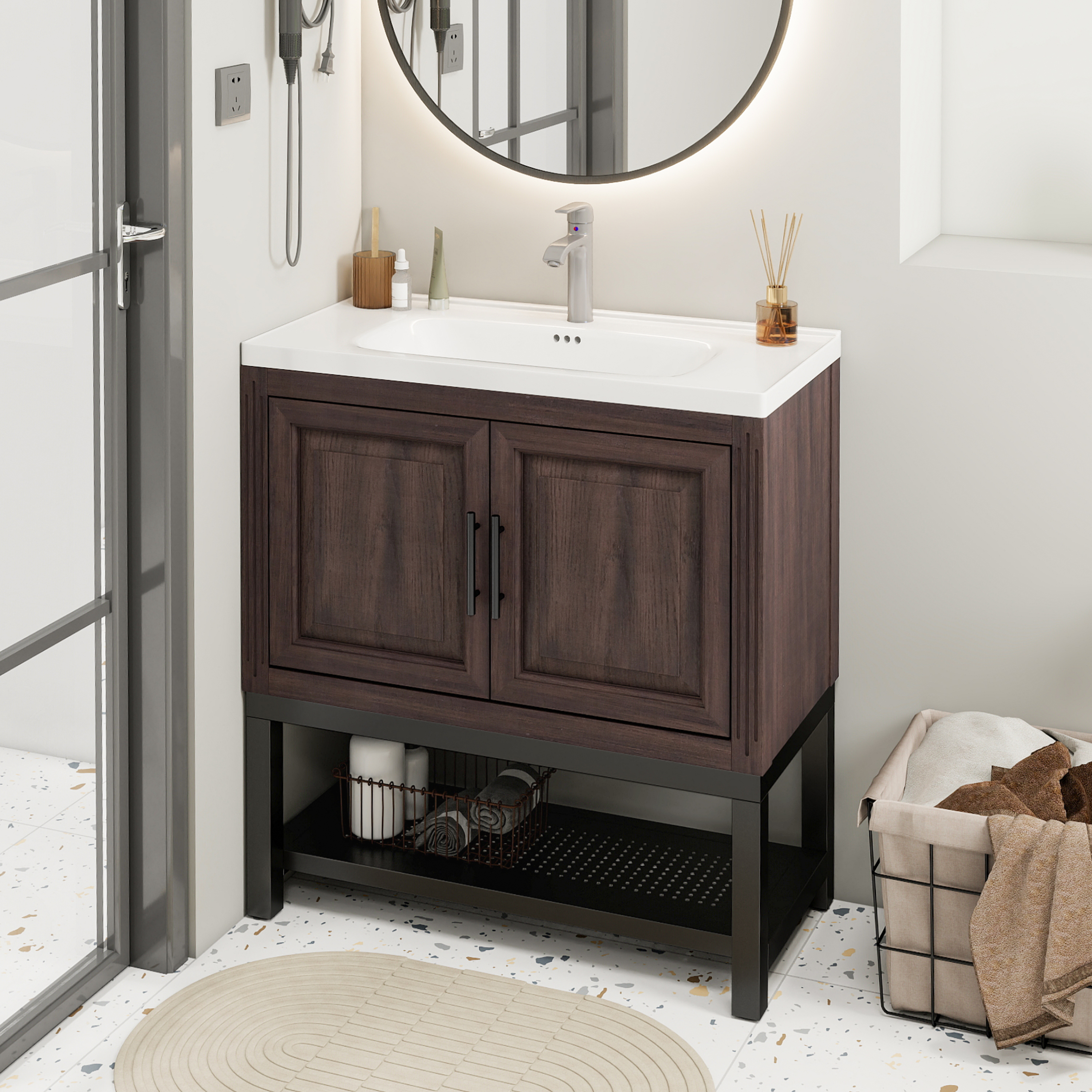 Freestanding Bathroom Vanity with White Ceramic Sink & Hot and Cold Faucet