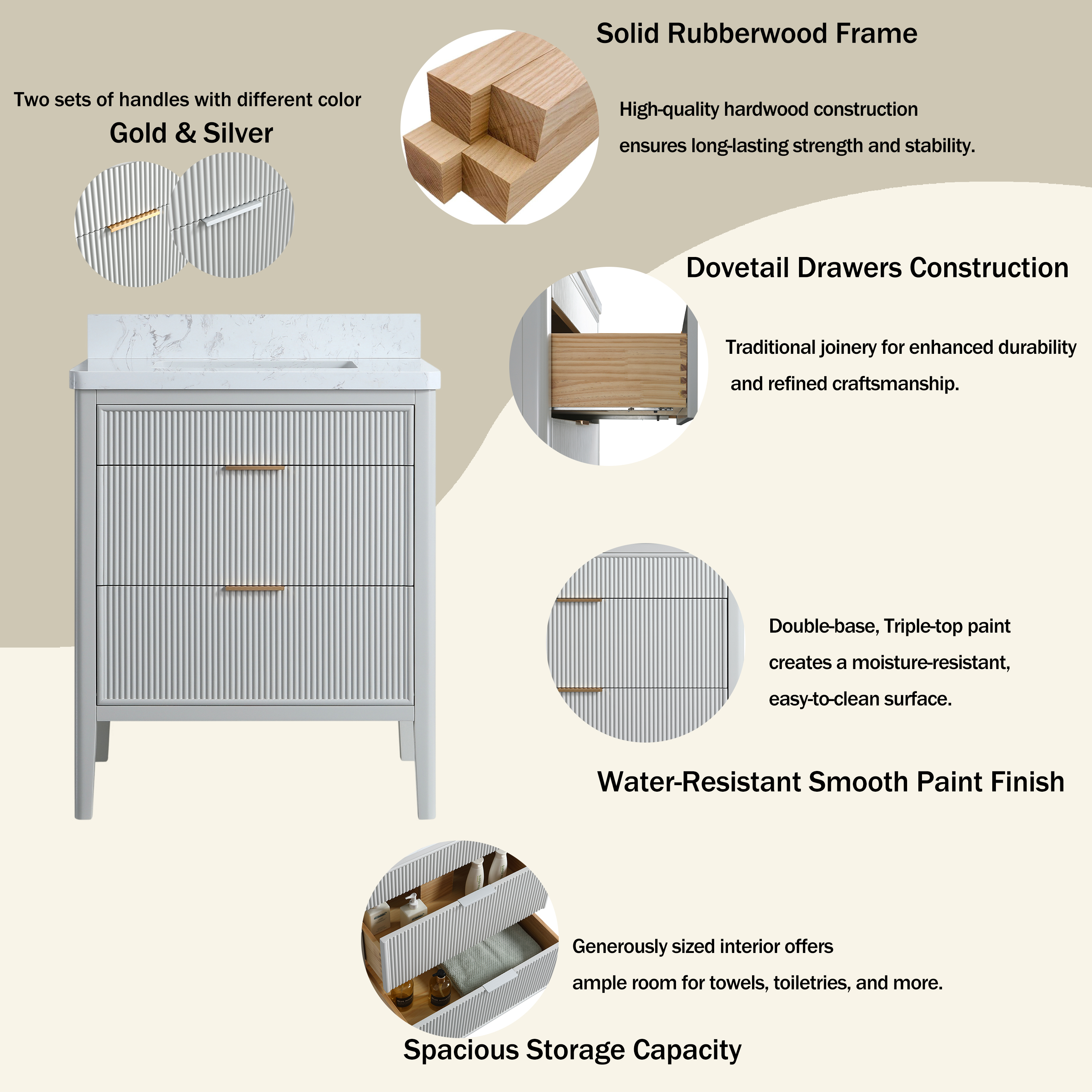 30"/36"/48" Freestanding Single Sink Bathroom Vanity with Solid Wood Construction & Marble Top