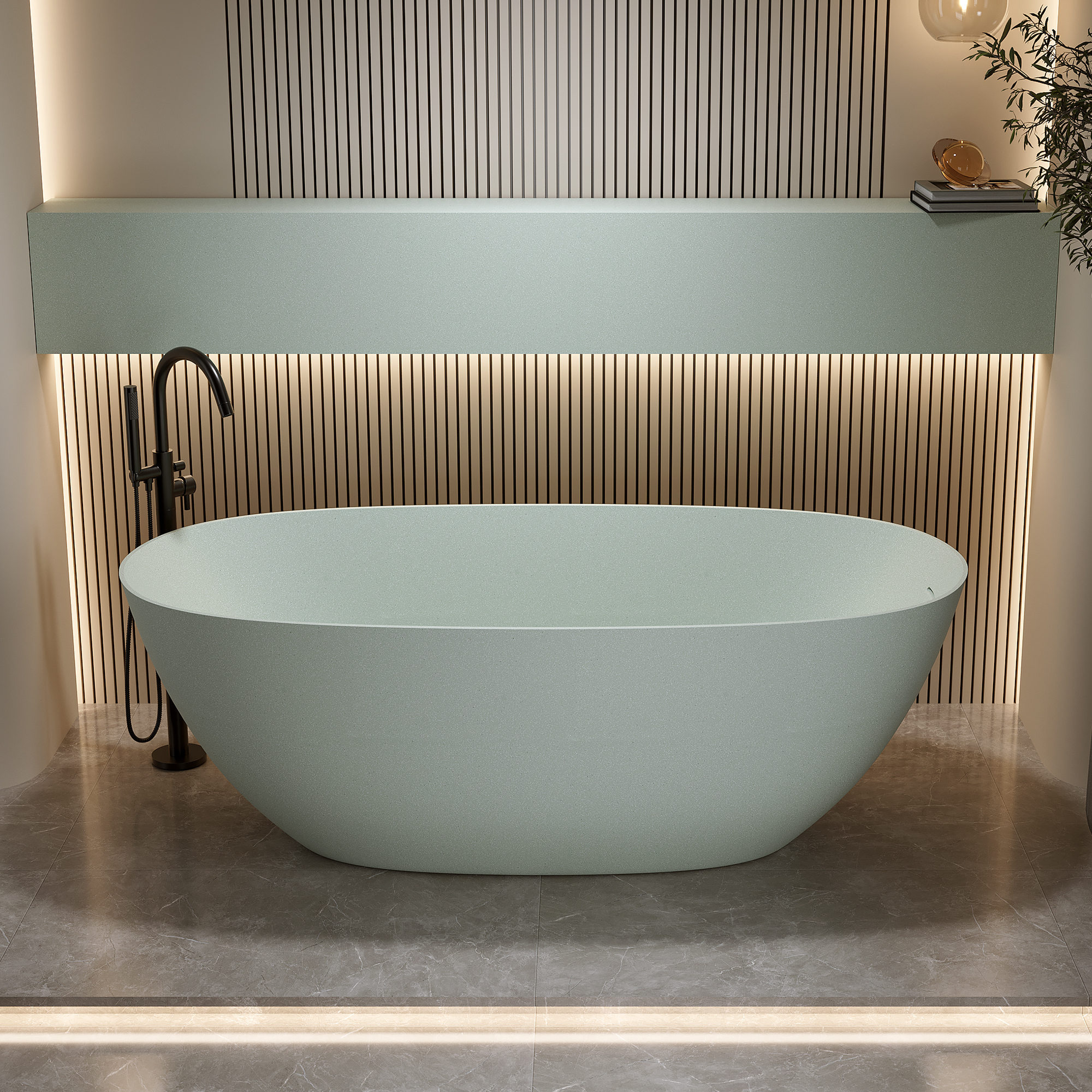 57"/61"/65"/69" Minimalist Solid Surface Freestanding Bathtub in Pine Crest and Shadow Whisper