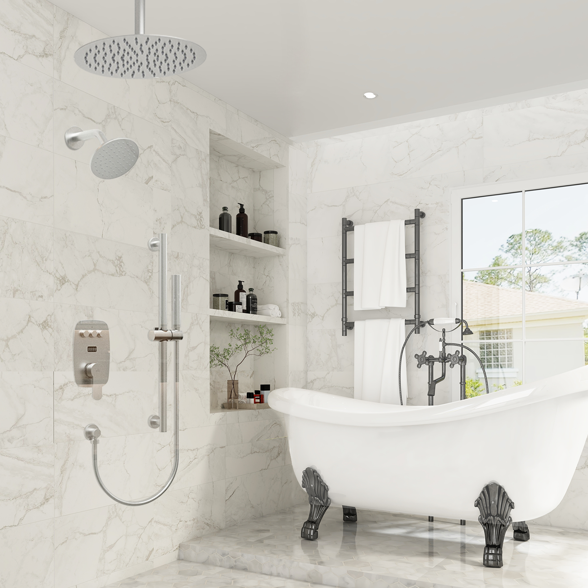 12" Ceiling-Mounted Dual Shower System with Slide Bar & Digital Display