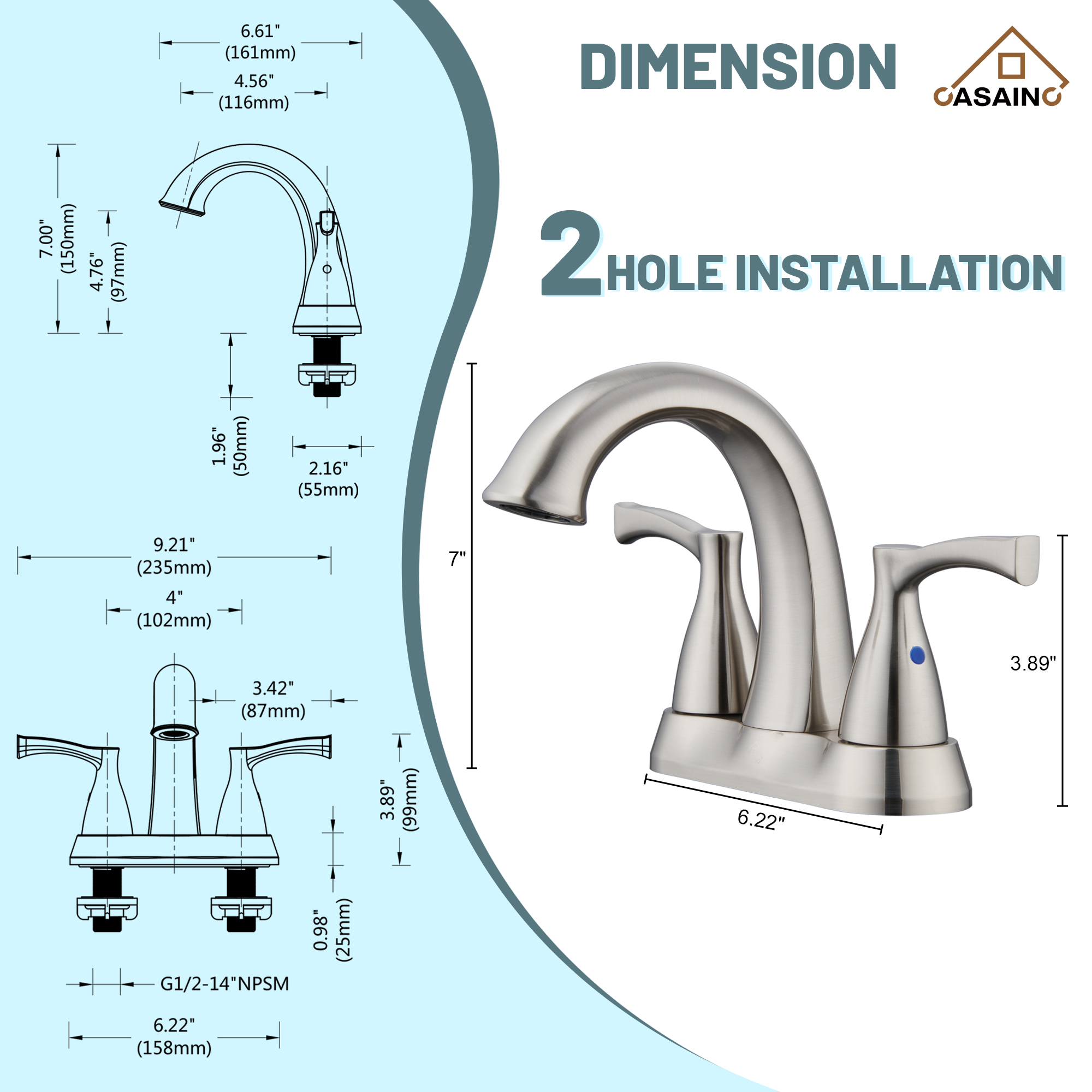 Casainc 4 Inch 2-Handle Centerset Bathroom Sink Faucet Vanity Faucet for Bathroom Sink