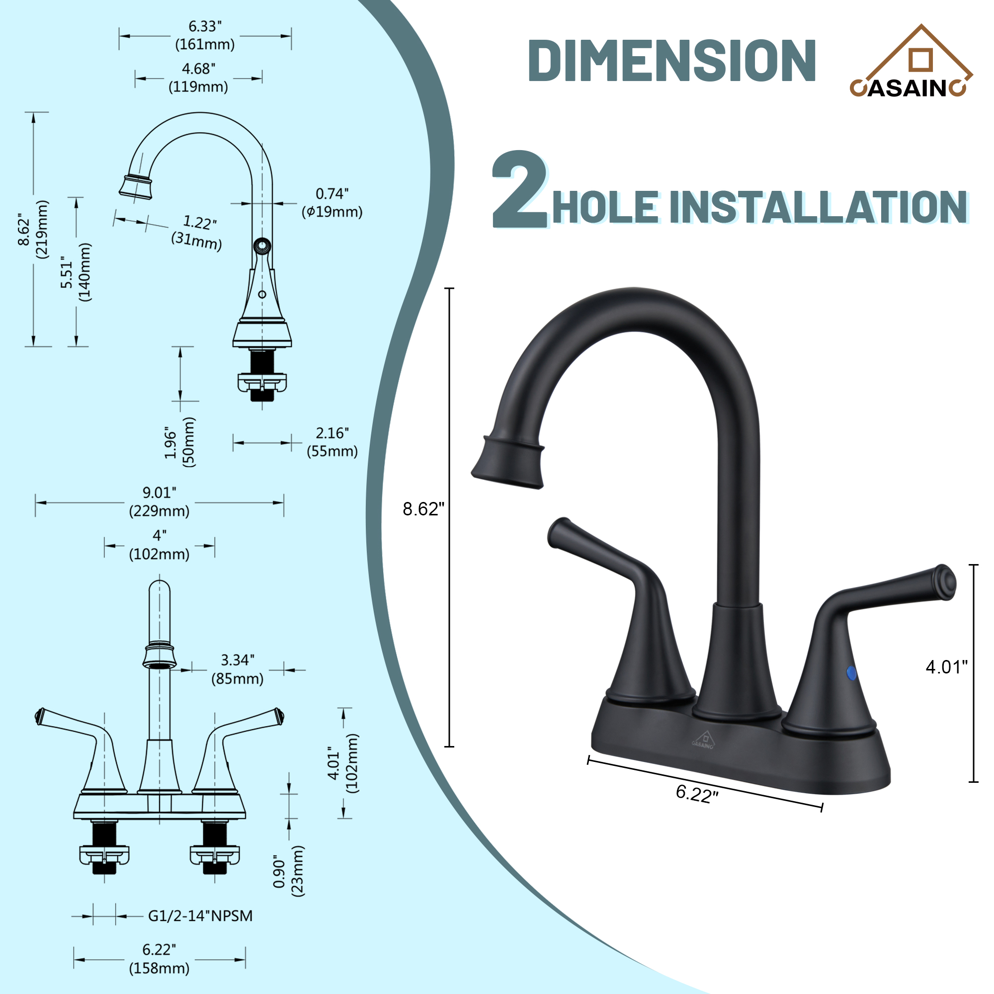 Casainc 4 Inch 2-Handle Centerset Bathroom Faucet for Bathroom Sink Vanity Faucet 360° Swivel Spout